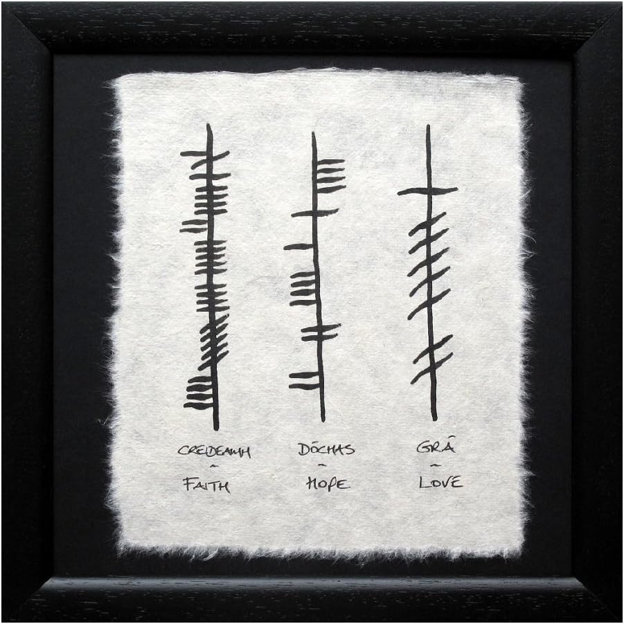 Biddy Murphy Ogham Irish Wall Art, Wedding Blessing Faith, Hope & Love, Black Frame with Glass, 10"x10" Square, Handmade Gaelic Gifts Made in Ireland
