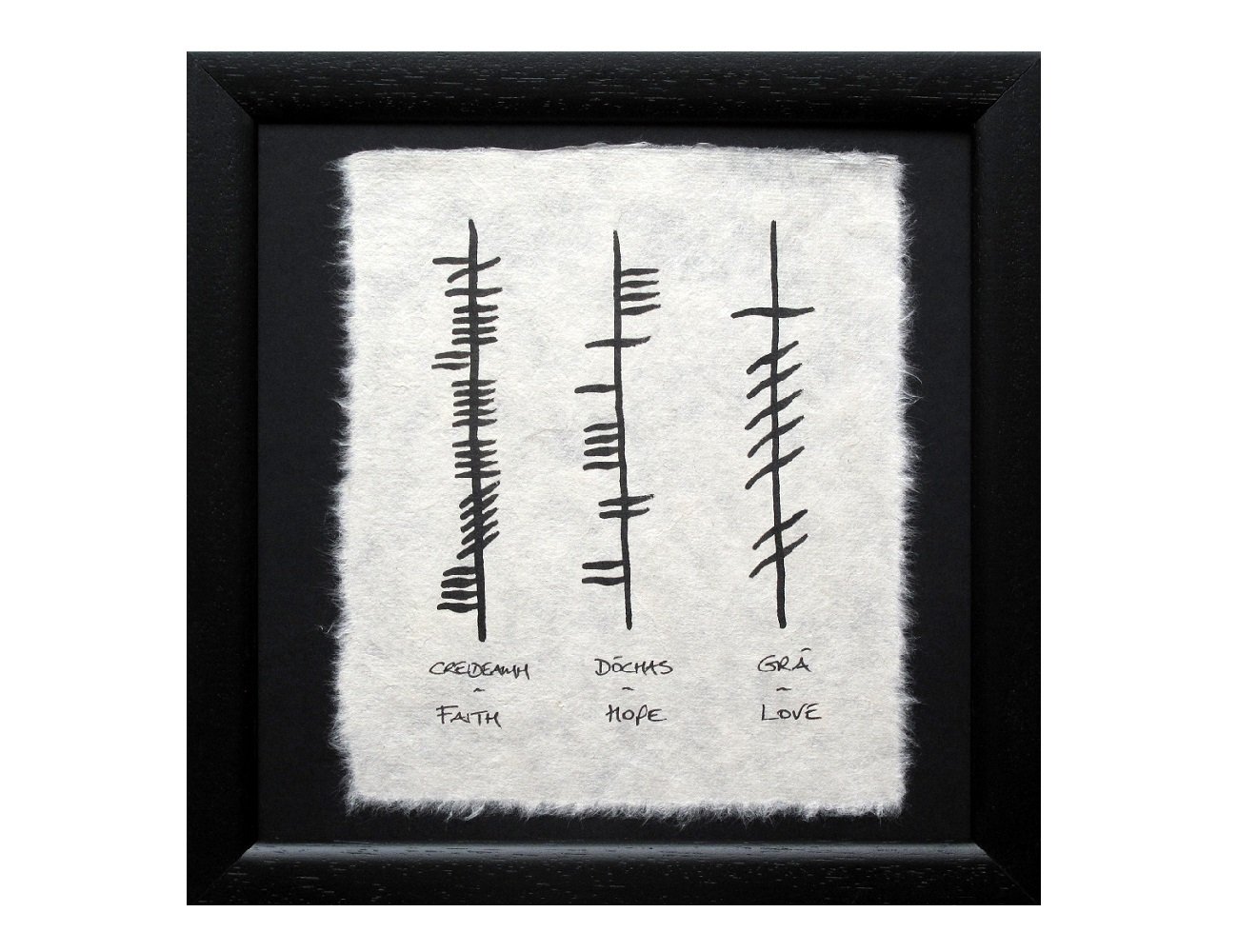 Biddy Murphy Ogham Irish Wall Art, Wedding Blessing Faith, Hope & Love, Black Frame with Glass, 10"x10" Square, Handmade Gaelic Gifts Made in Ireland