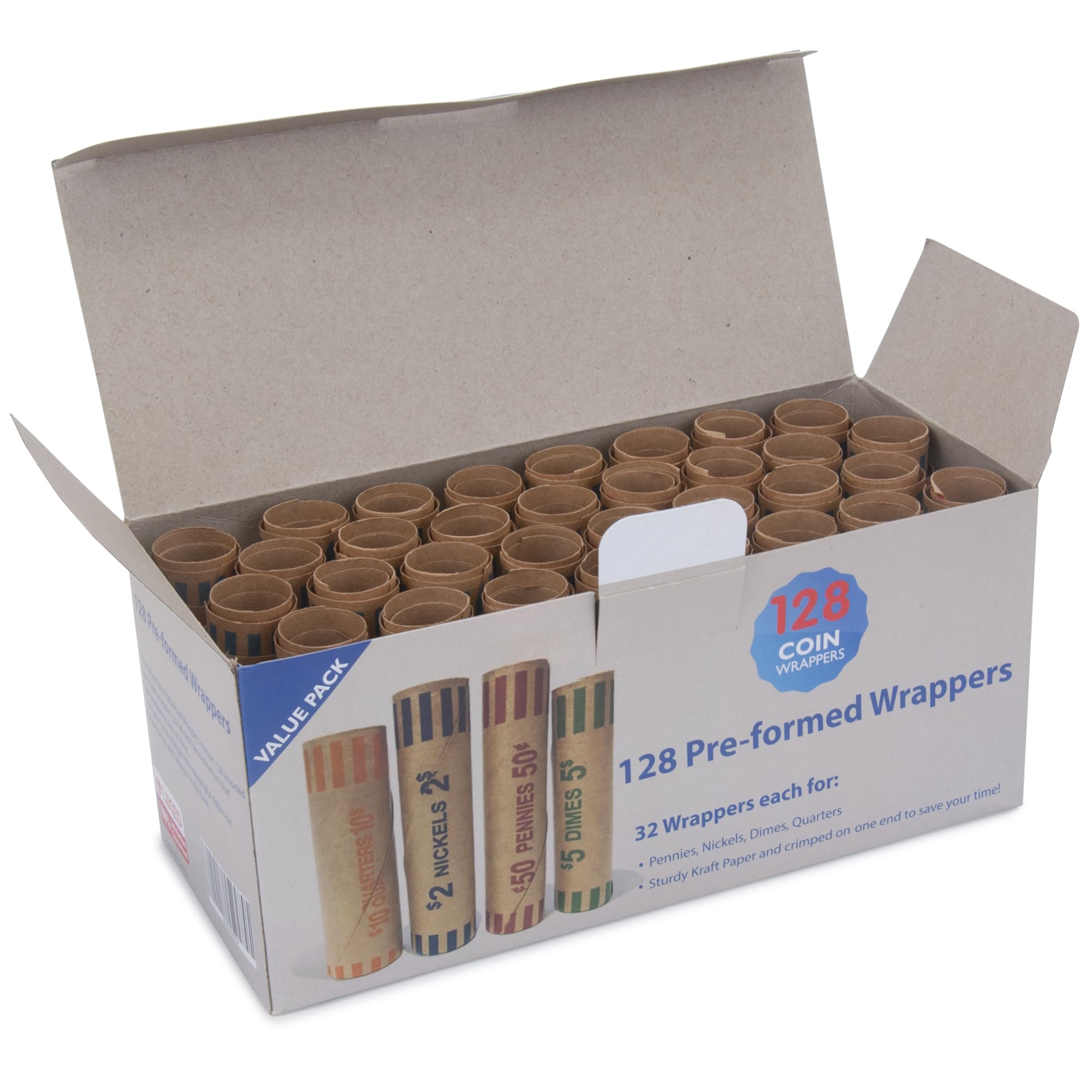 L LIKED Verschiedene vorgeformte Münzrollenwickler – Viertel, Pennies, Nickel und Dimes (128 sortierte x 24 Boxen)
