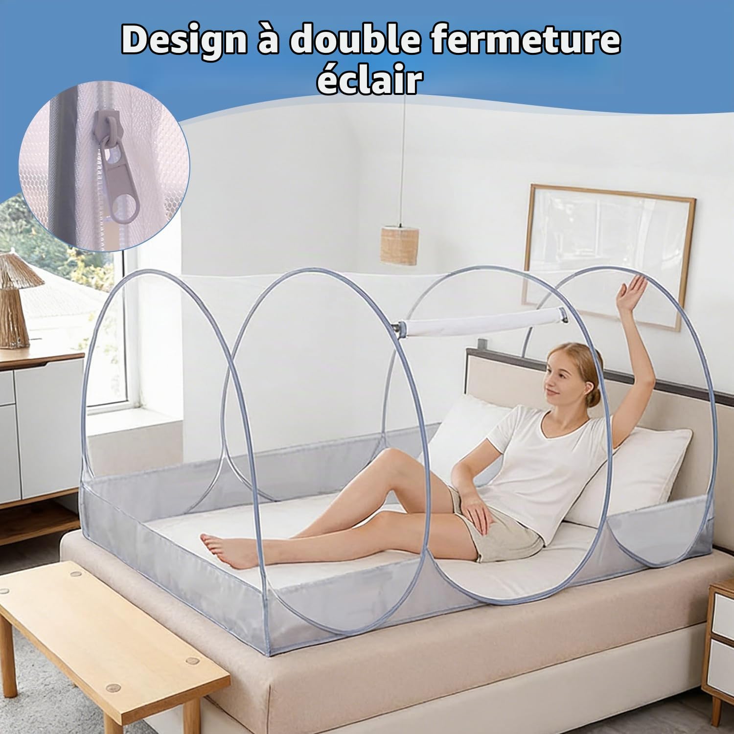 Moustiquaire pliable pour lit simple, ultra-légère et portable, à ouverture automatique avec fermeture éclair, maille fine, facile à assembler pour la maison, le dortoir étudiant, l'extérieur et les