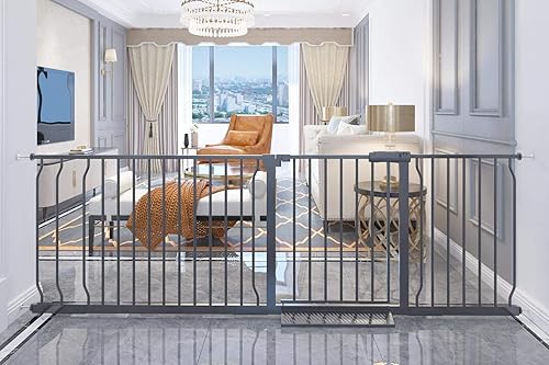 Puerta de seguridad extra ancha para bebés, puertas de seguridad para interiores, de metal negro, gran presión, para caminar a través de la puerta