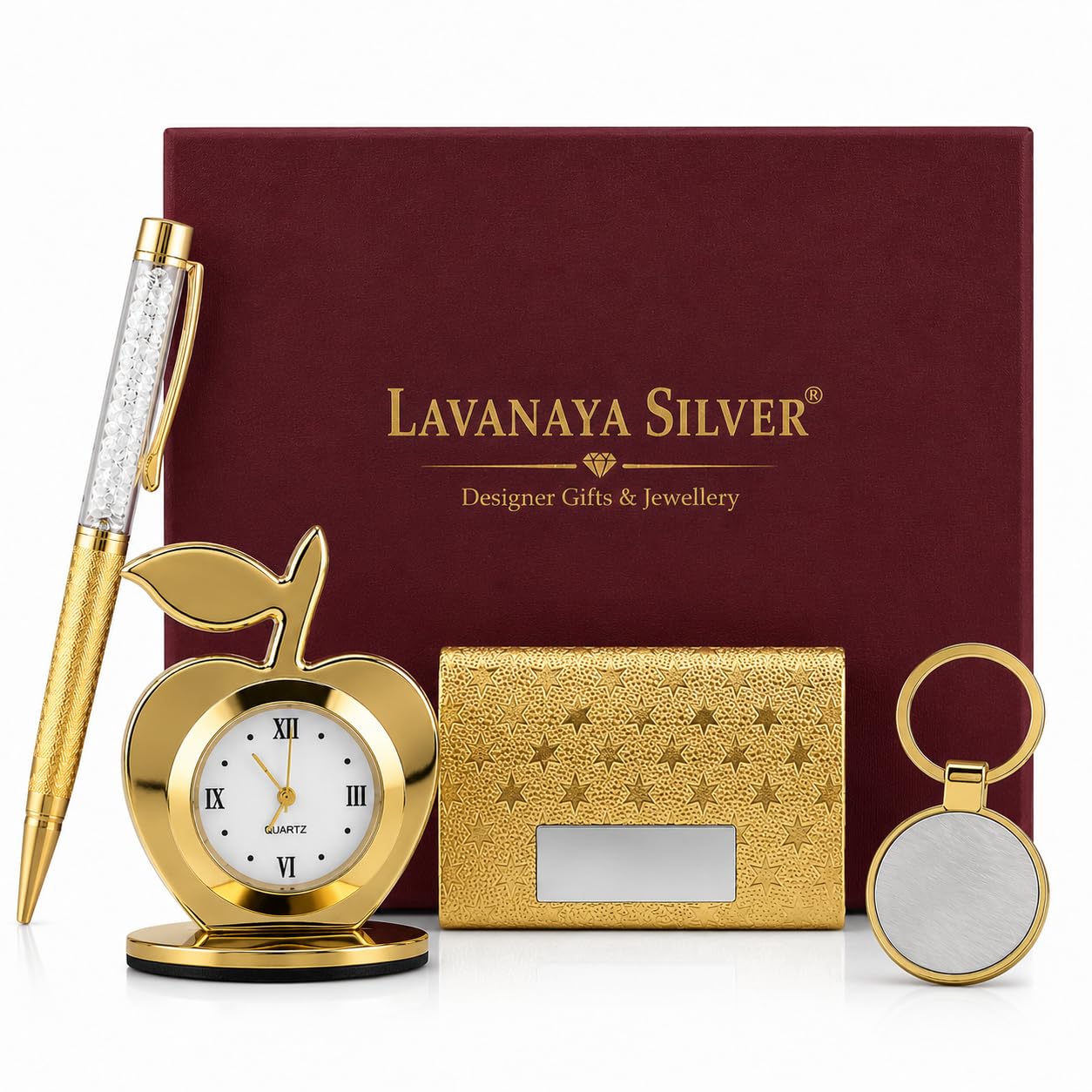 Lavanaya Silver 4 In 1 Gift Set With Table Clock, Metal Keychain, Card Holder And Crystal Pen Set For Corporate Gifting Diwali Gifting - Analog-image-39