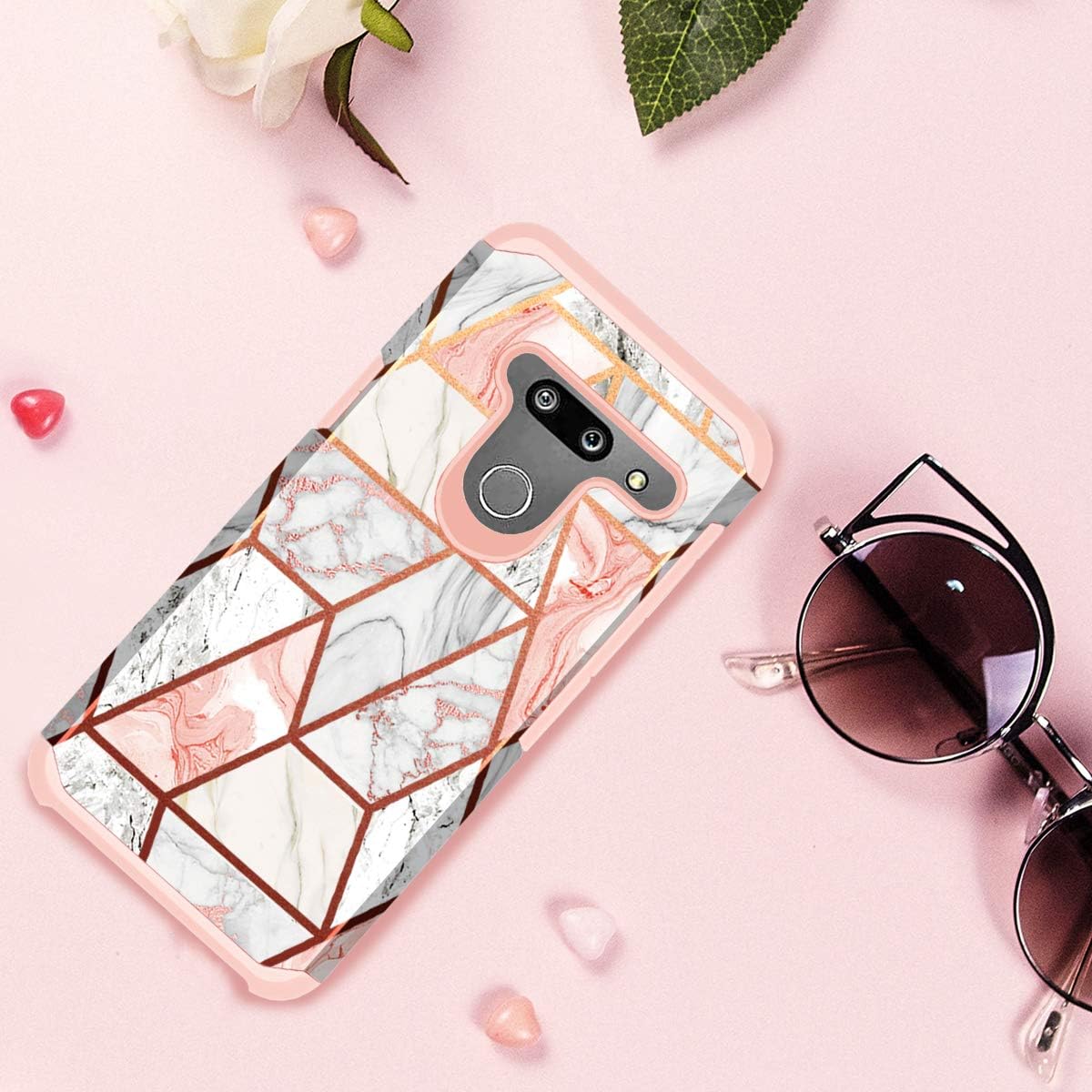 Fingic Compatible with LG G8 ThinQ Case Rose Gold Marble Design Shiny Glitter Bumper Hybrid Hard PC Soft Rubber Silicone Cover Anti-Scratch Shockproof Protective Case 6.1 inch 2019, Rose Gold