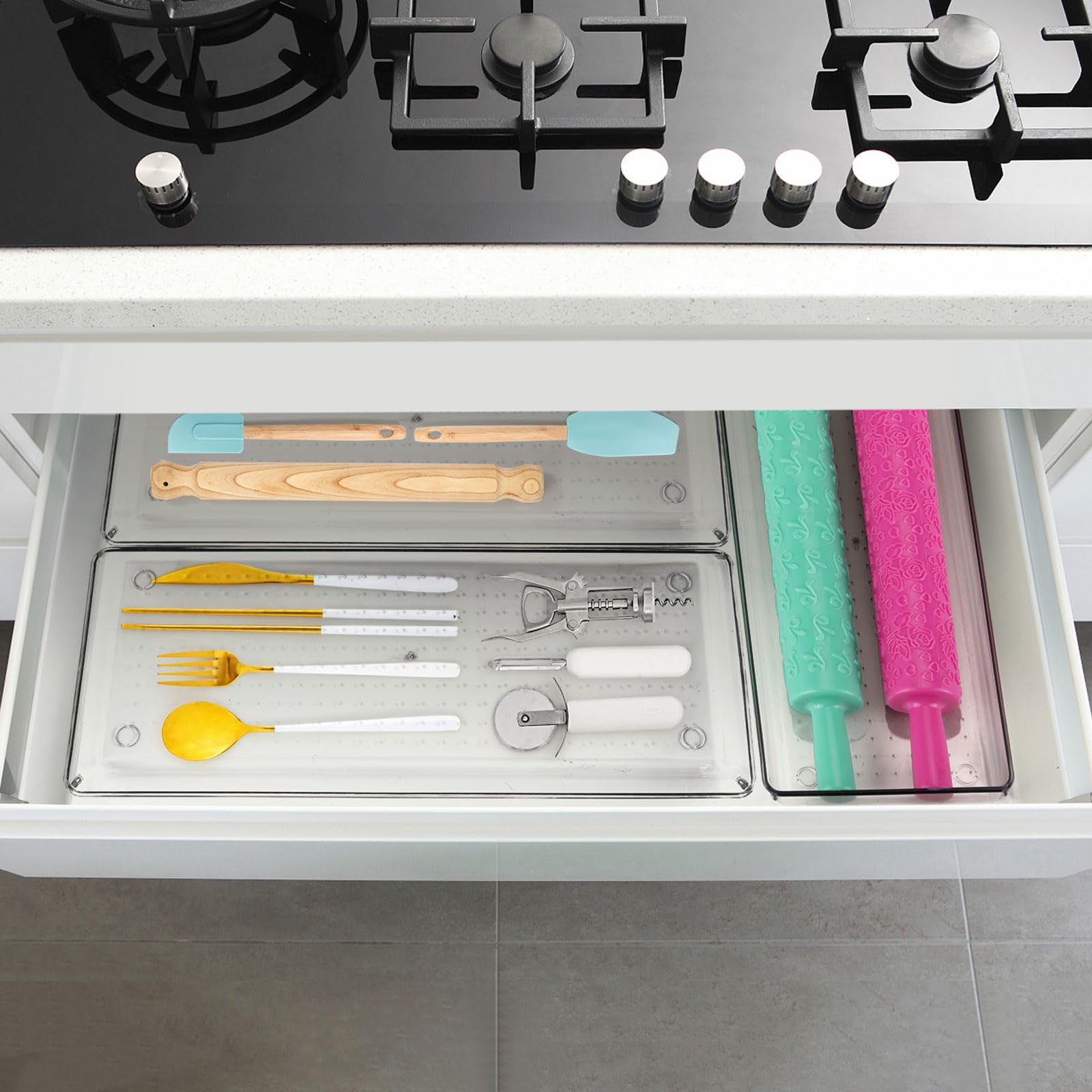 6 vassoi grandi in plastica trasparente per cassetti, 38,1 x 16 cm, con 25 cuscinetti antiscivolo per trucchi, gioielli, utensili da cucina, bagno e ufficio (38,1 x 15,2 cm)