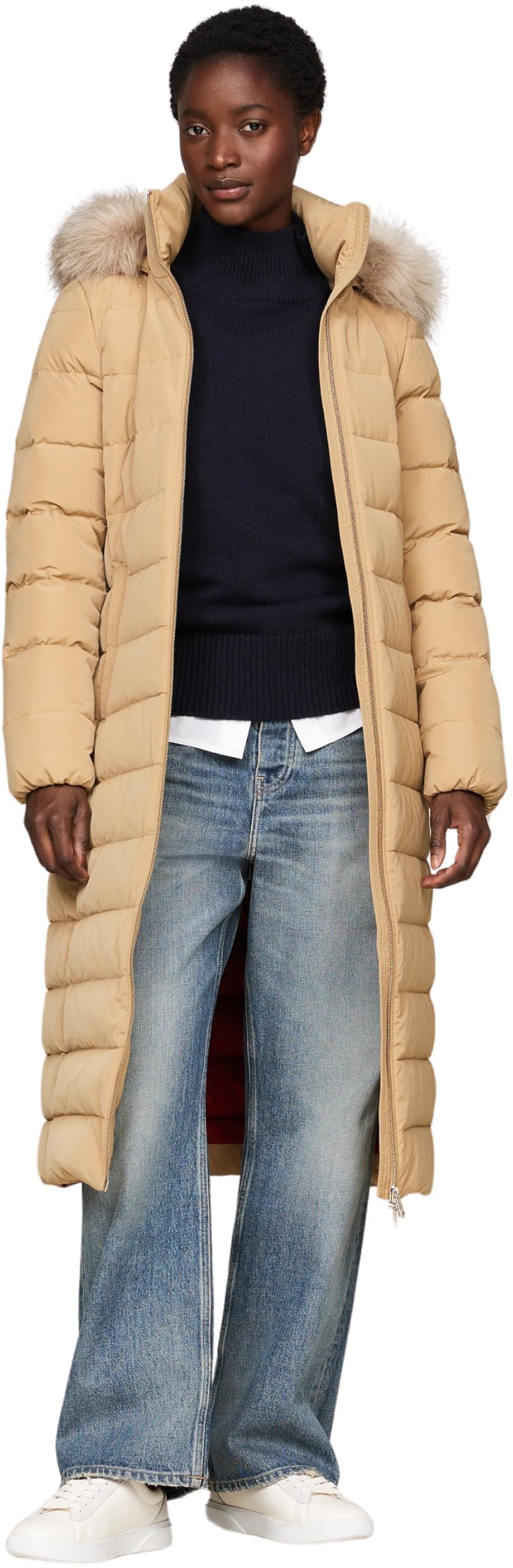 Tommy Hilfiger Women's Heritage Tyra Maxi Down Coat with Fur Trimmed Hood, Beige (Classic Khaki), XXS