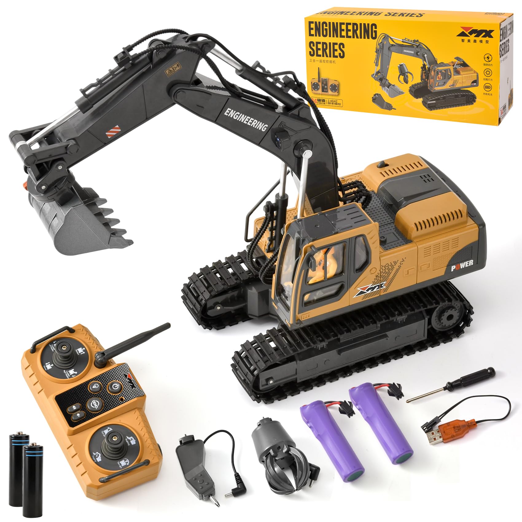 Excavadora RC 3 en 1 Radiocontrol con Cuchara Metálica Garra y Taladro 2.4GHz 14 Canales Rotación 680° Luces LED y 2 Baterías Juguete de Construcción Regalo para Niños 3-12 Años