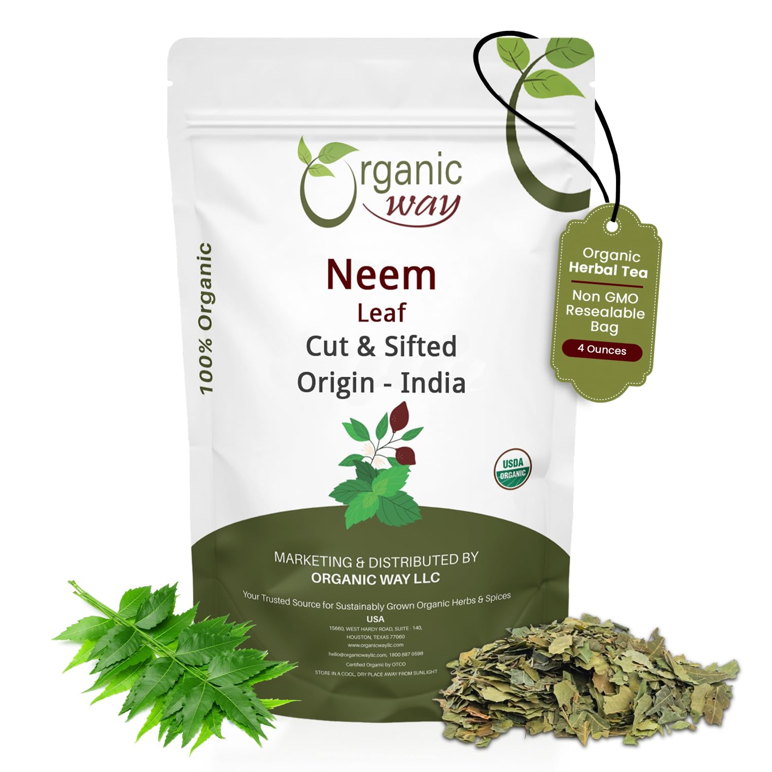 Organic Way Neem Leaf Cut and sifted | Herbal Tea | Premium Neem Leaf | USDA Certified | Non GMO & Gluten Free | Origin - India (4 oz - 1/4 lbs)
