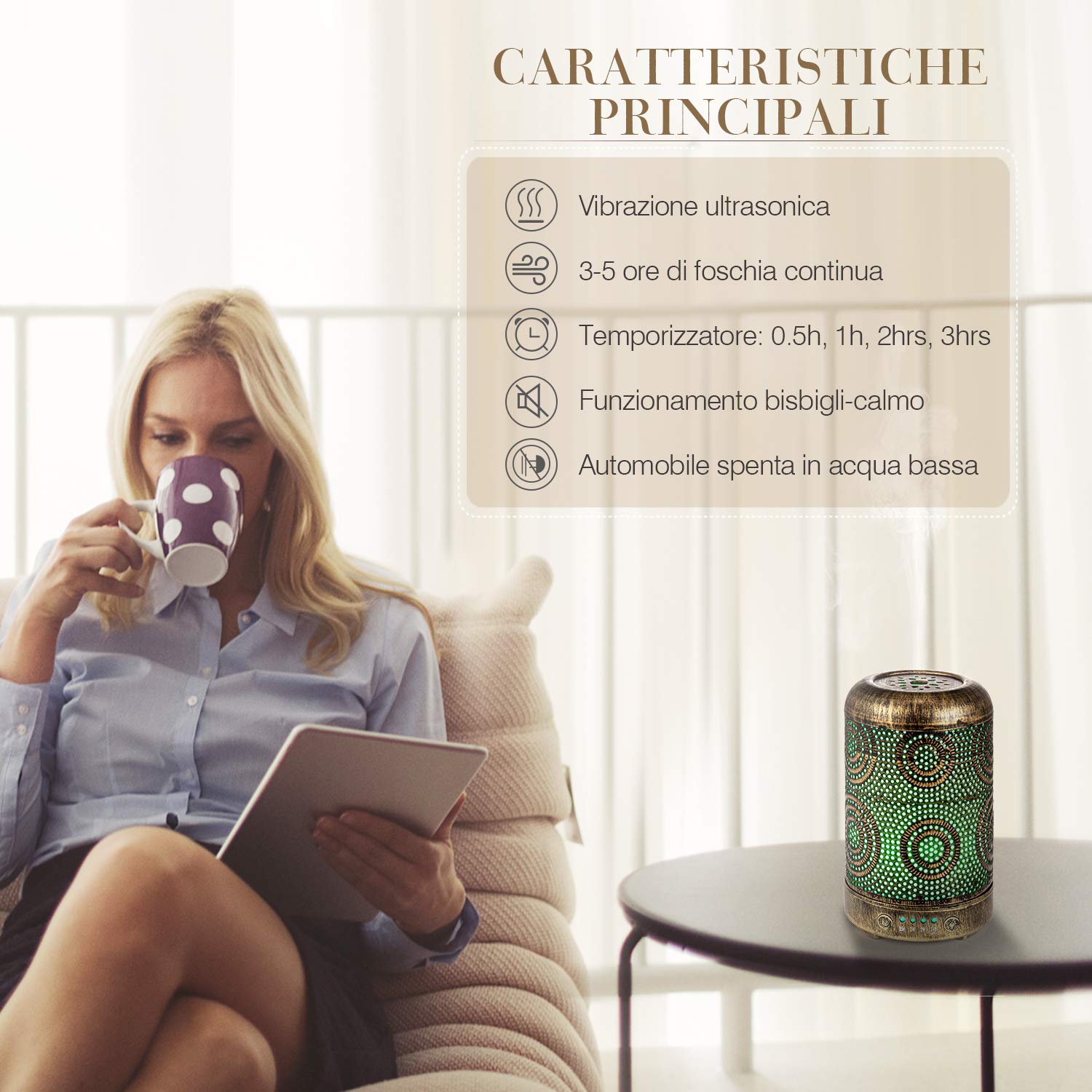 SALKING Diffusore di Oli Essenziali, 100ml Metallo Diffusore di Aromi, Ultrasuoni Aromaterapia Diffusore con 7 Colori LED Luce Notturna, Diffusore per Oli Essenziali Senza BPA, Profumazione Ambiente