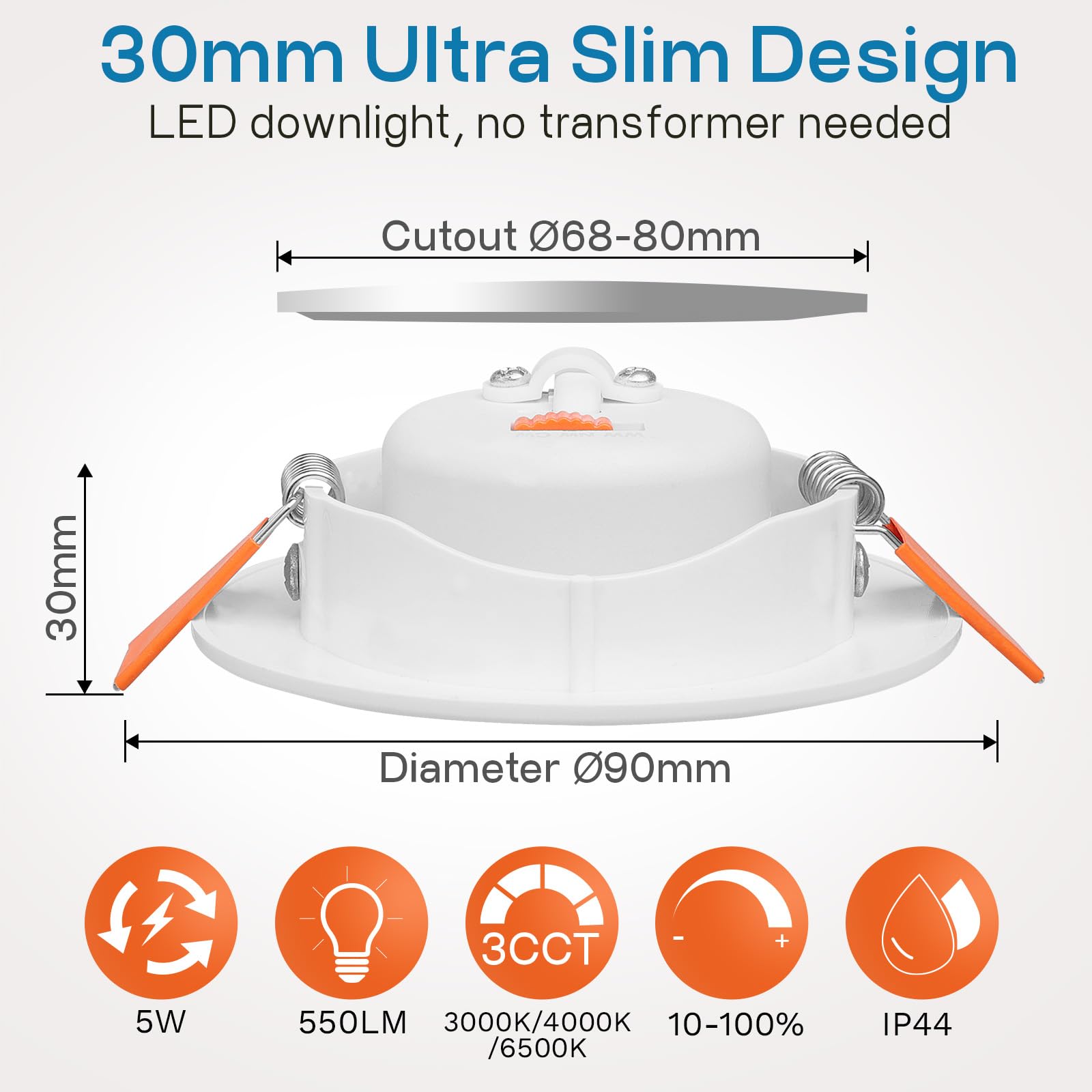 Reflektor LED wpuszczany biały ściemnialny ekstra płaski reflektor 5 W LED 220 V ciepła biel 3000 K neutralna biel 4000 K zimna biel 6000 K oświetlenie wpuszczane 68 mm, obrotowe reflektory sufitowe