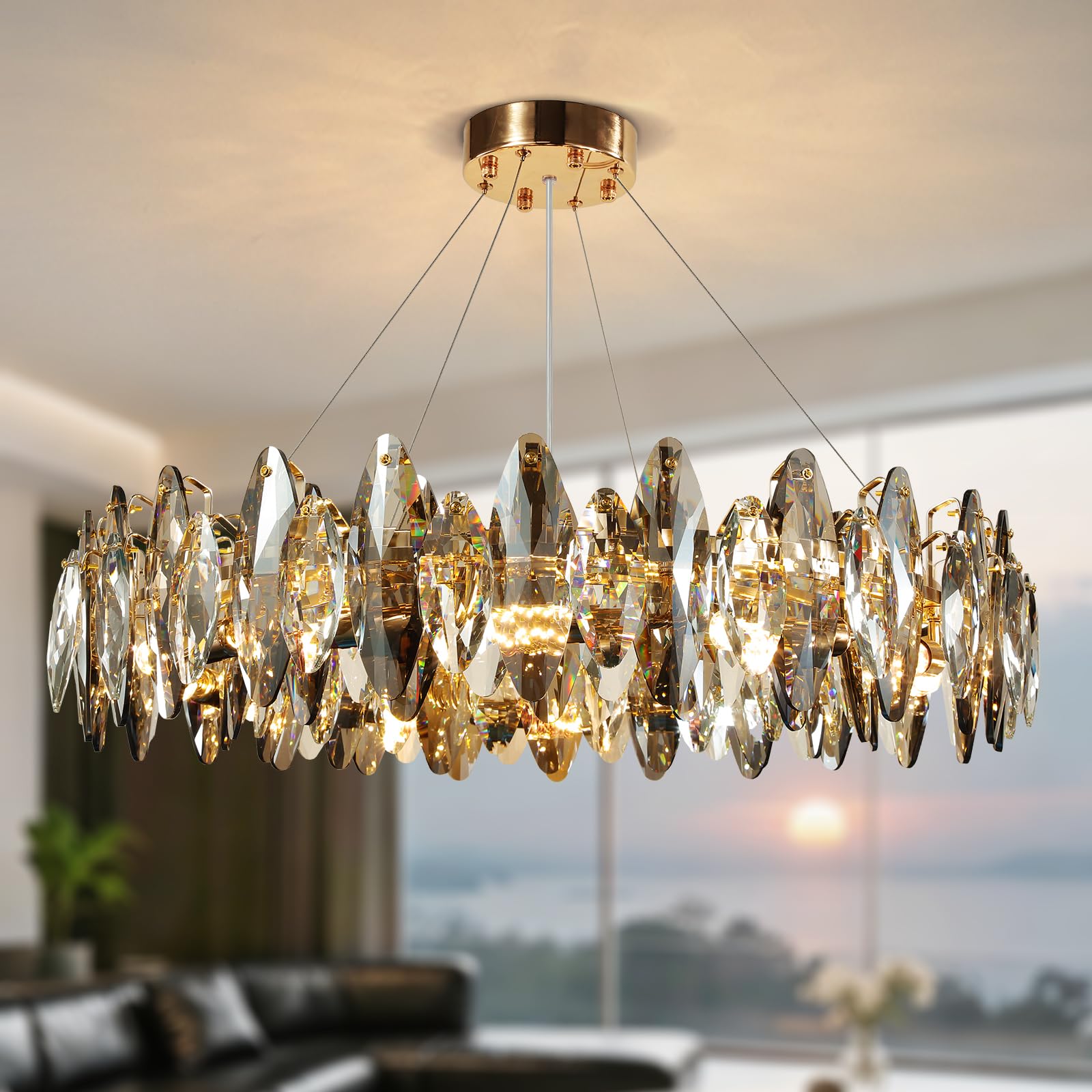 Moderna araña de cristal LED de lujo, Luz de lámpara techo salon cristal forma de huevo brillante de oro, 8xE14 Colgante Para Dormitorio, Salón, Comedor, Restaurante