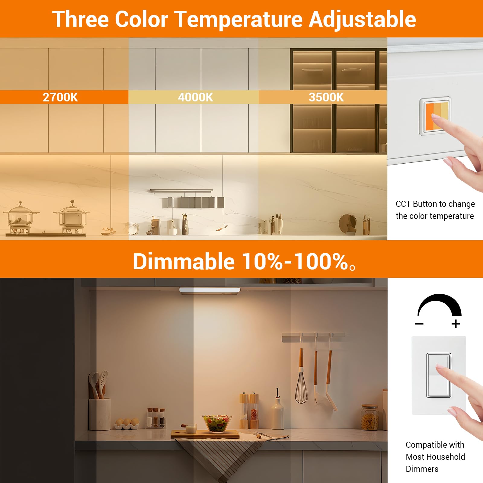 Dawnrise - Luce sotto armadio da 45,7 cm, collegabile, 970 lumen, 3 colori selezionabili, luminosità regolabile, sotto le luci da banco per cucina, superficie ampia e luminosa,