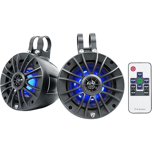 Pair Rockville PT525BR 5.25" Powered Marine Bluetooth LED Tower Speakers, IPX6 Waterproof, ATV/UTV, 300W, Built-in Amp, RGB Lights, Swivel Mounting Brackets, Perfect for Boats & Off-Road Vehicles