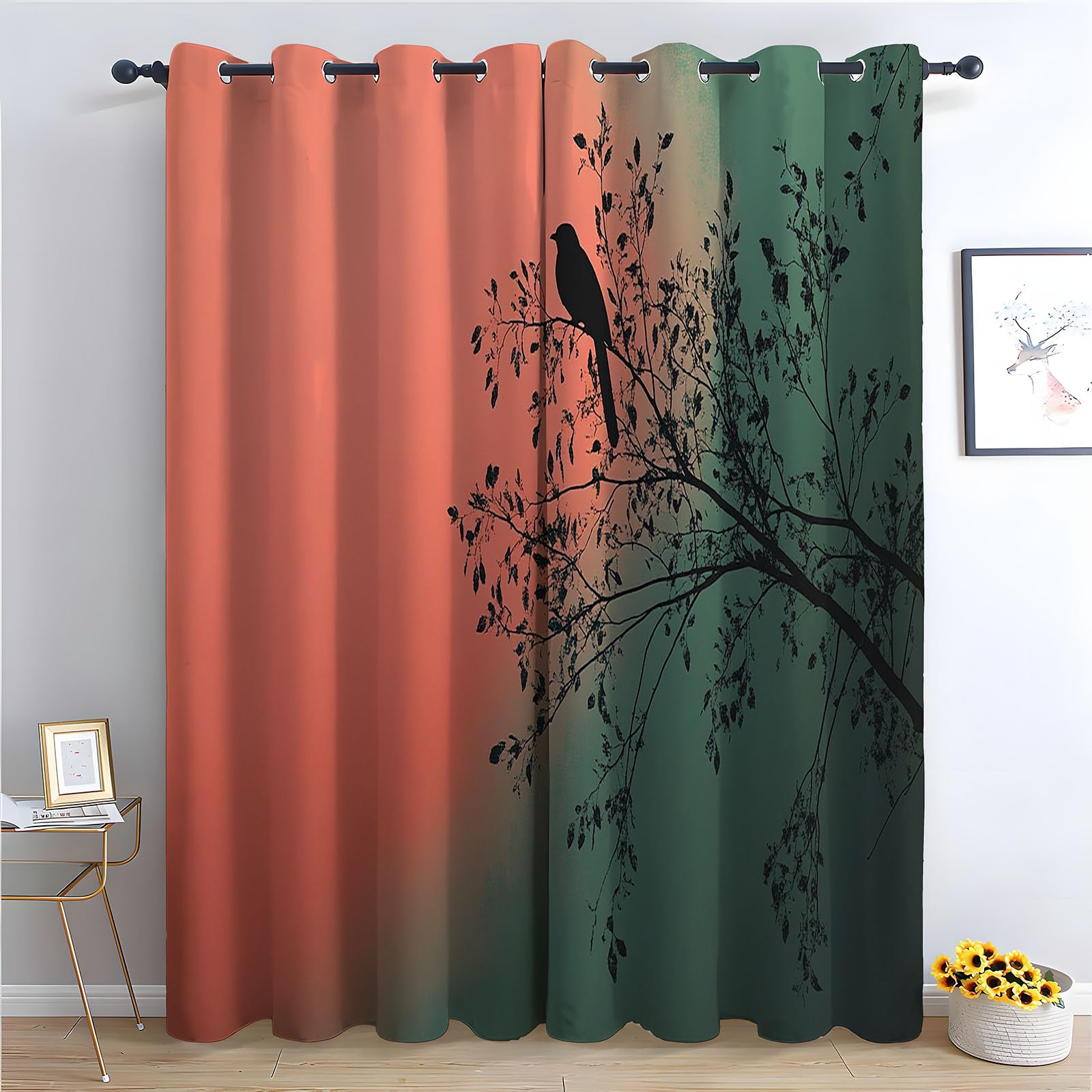 Boho Vintage Blumen Vorhänge Einfache Naturpflanzen Muster mit Ösen in Grau Schlaufenschal 2er Set für Wohnzimmer Schlafzimmer Kinderzimmer-H230 x B130 cm (2er Pack)
