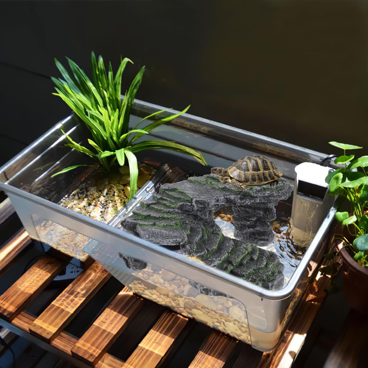 HOMSFOU Schildkröten Sonnenplattform mit Rampe, 24x22x11cm, Aquarium | NatüRliches Design, Sicheres Versteck, Robuster Kunststoff, füR Terrarien