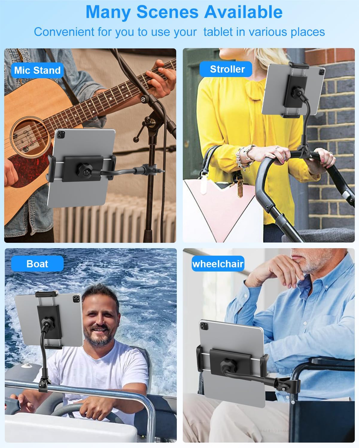 Gooseneck Tablet Holder for Spin Bike, Stationary Bicycle, Wheelchair, Treadmill, Indoor Bike, Peloton, Elliptical, Tablet Mount Clamp for iPad Pro, Air, Mini, Galaxy Tabs, 4.7-12.9" Tablets