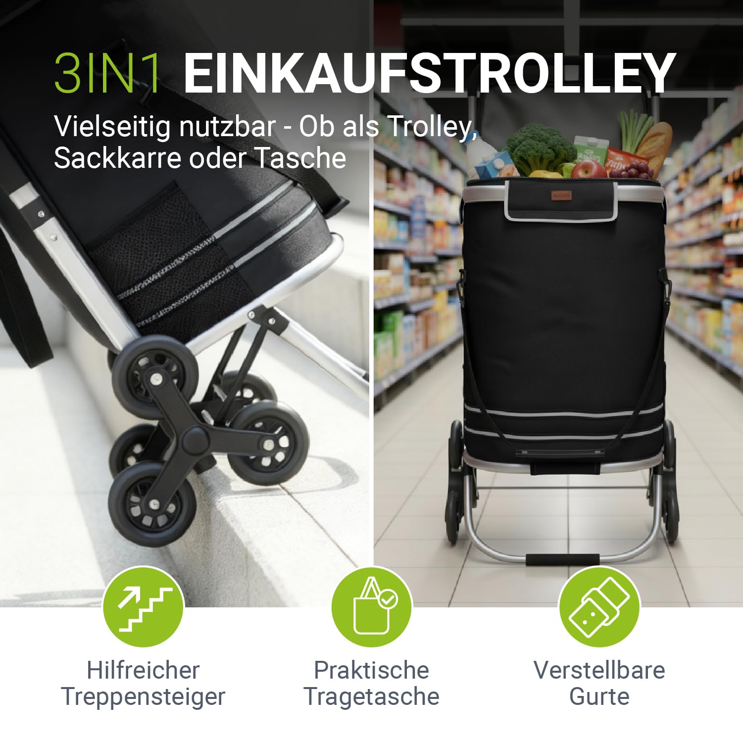 Juskys 3in1 Einkaufstrolley für Treppen - 56 L, modern & klappbar - Treppensteiger Trolley zum Shopping - Sackkarre & Tasche - Trolli Schwarz