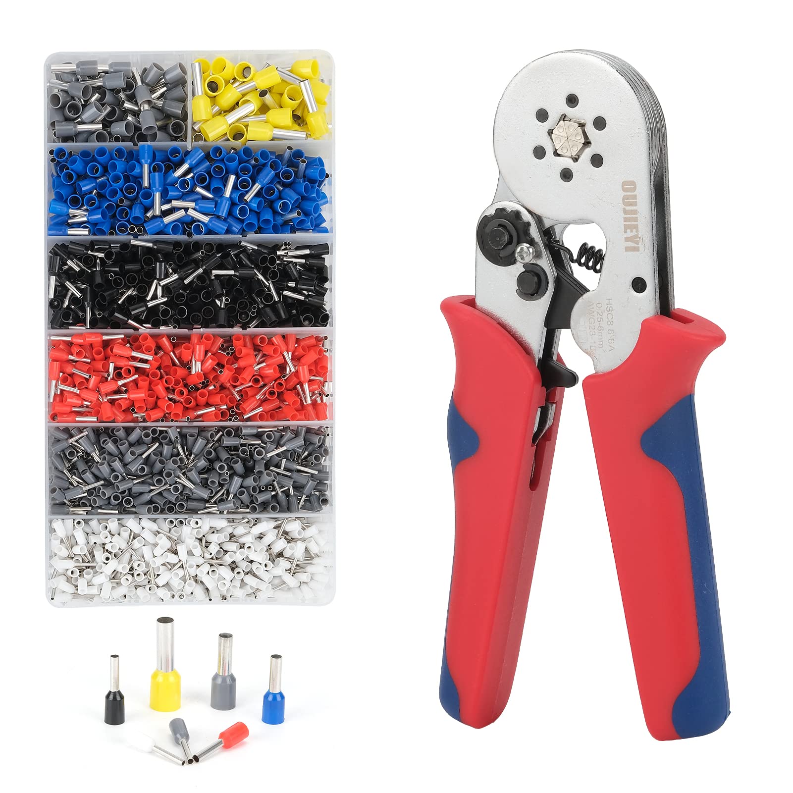 Photo 1 of Hex Ferrule Crimping Tool, OUJIEYI Self-Adjustable Ratchet Crimping Pliers Set, Ferrule Crimping tool kit with 1900PCS Copper Wire End Terminals for AWG 23-10 (0.25~6 mm²) Cable End Sleeves (silver)