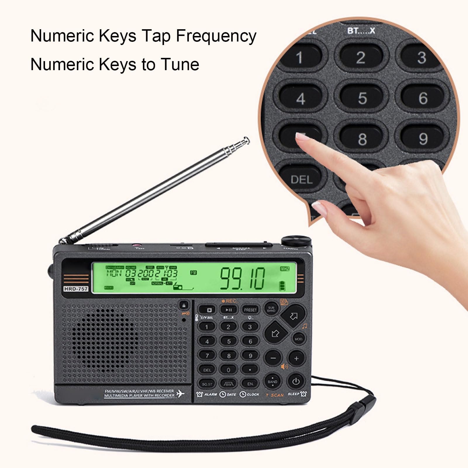 Radio Portátil de Corta, HRD-757 SW FM MW Air V.UHF WB Radio Multibanda con Pilas, Radio Portátil Recargable de 2500 MAh con Bluetooth, Alarma SOS y Linterna (Green)