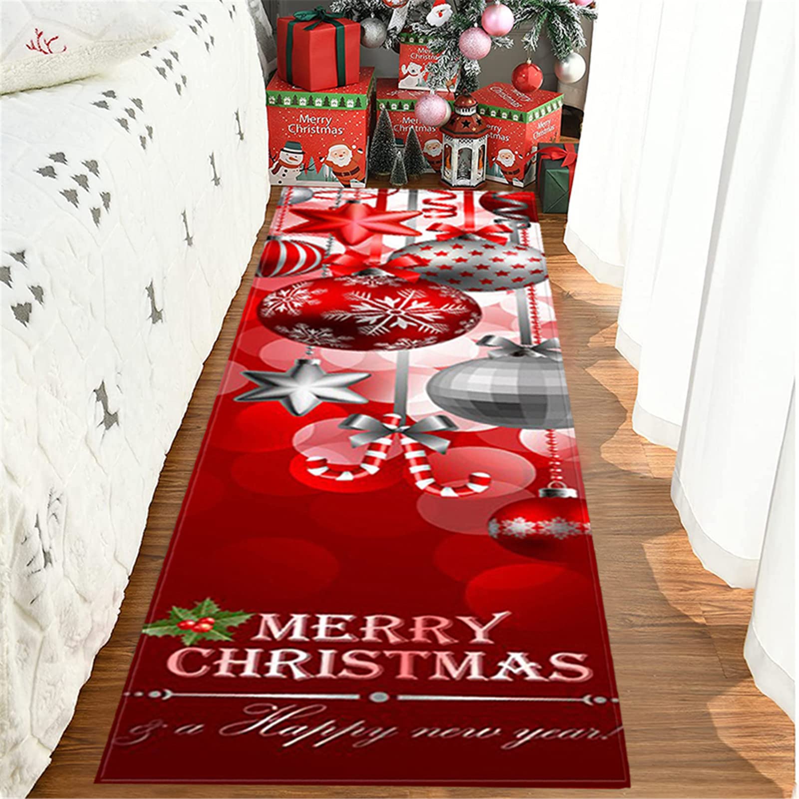Felpudo Decorativo Navidad Alfombra De Navidad Rojas Antideslizante Absorbente Alfombras Entrada Lavable Alfombra Navideña para Cocina Sala De Estar Dormitorio Baño,20,60x180cm/23.6"x70.8"