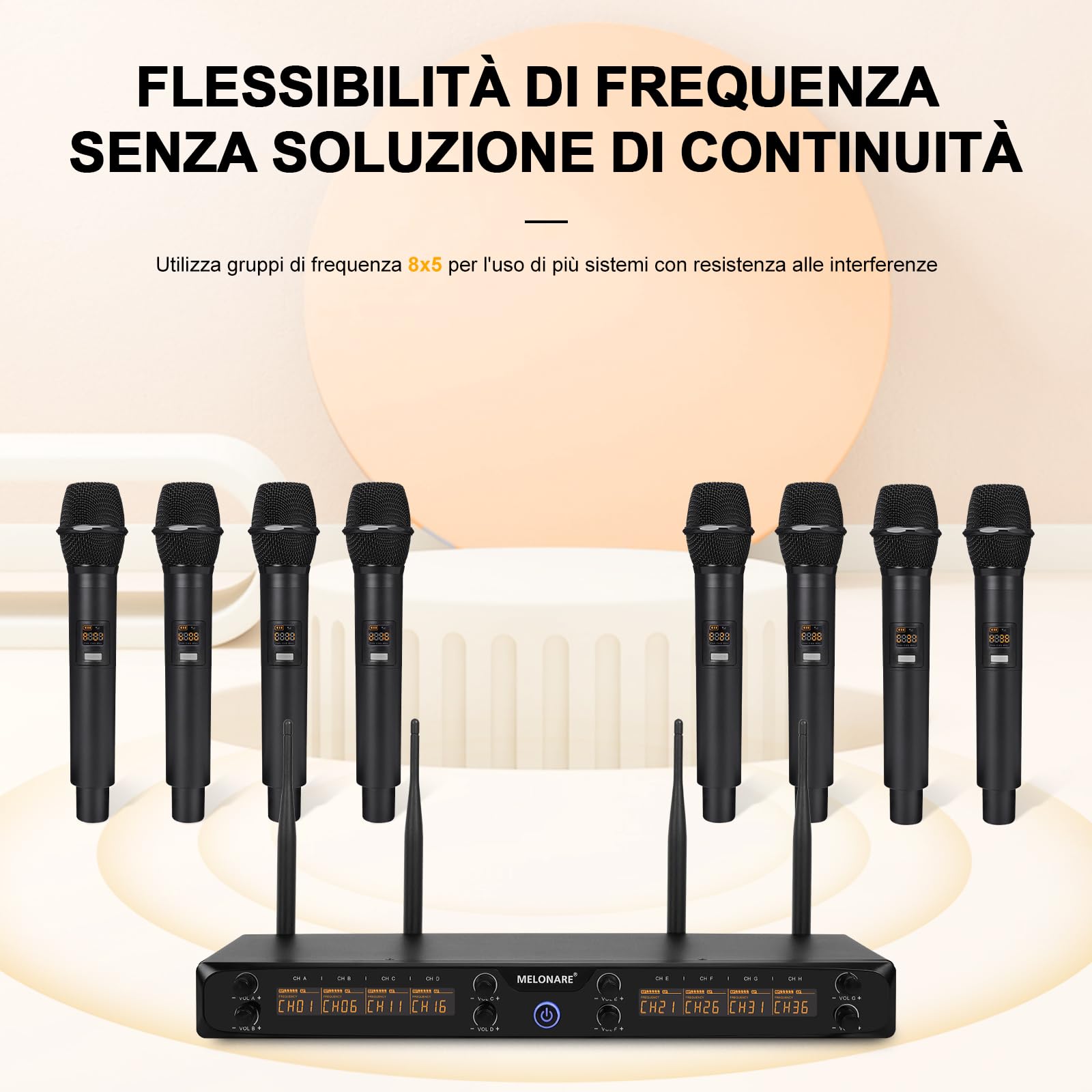 MELONARE Sistema di microfoni wireless UHF 500MHz a 8 canali MWM-81F | 8 x 5 frequenze, portata 73,2 m, microfoni dinamici a mano, canto, karaoke, chiesa, riunioni, matrimoni