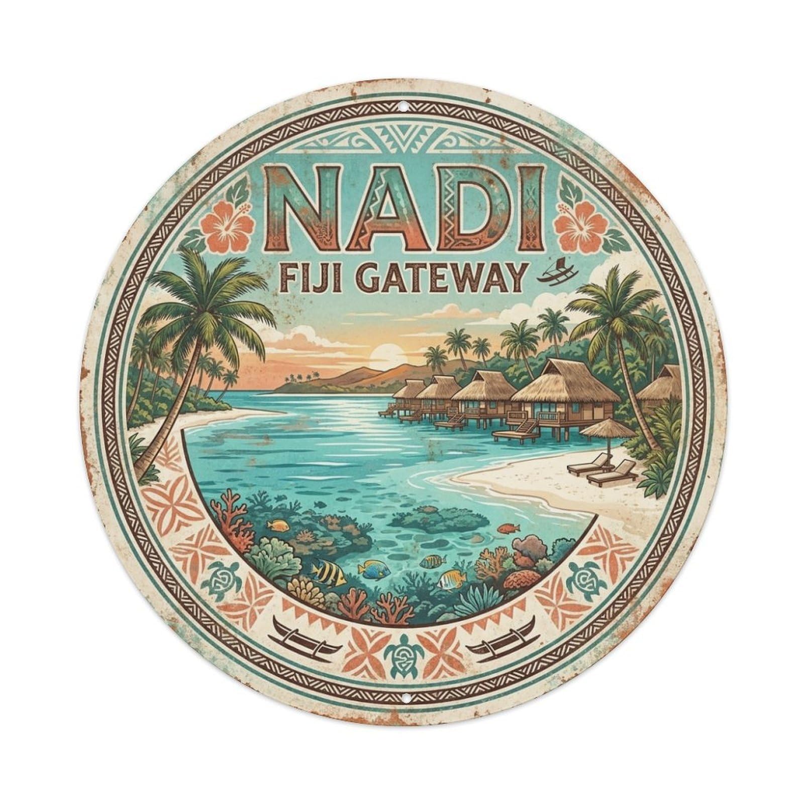 Olyhtr 8X8inch Classic Style Retro Fiji Nadi Travel Landmark Regional Heritage Metal Tin Sign
