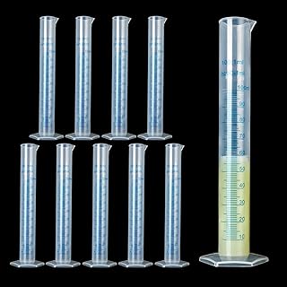 10Pack 100ml Plastic Graduated Cylinder, Transparent Measuring Cylinder Lab Test Tube Flask, 2 Sided Measuring Lines Graduated Cylinder Beaker for Science Lab Project, Pour Spout & Hexagonal Base