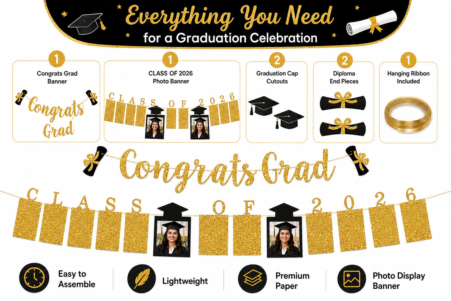 Festiko 2020 Graduation Decorations - Class of 2020 Photo Banner with Congrats Grad Gold Glitter Banner - High School College Graduation Party Supplies Banner 2