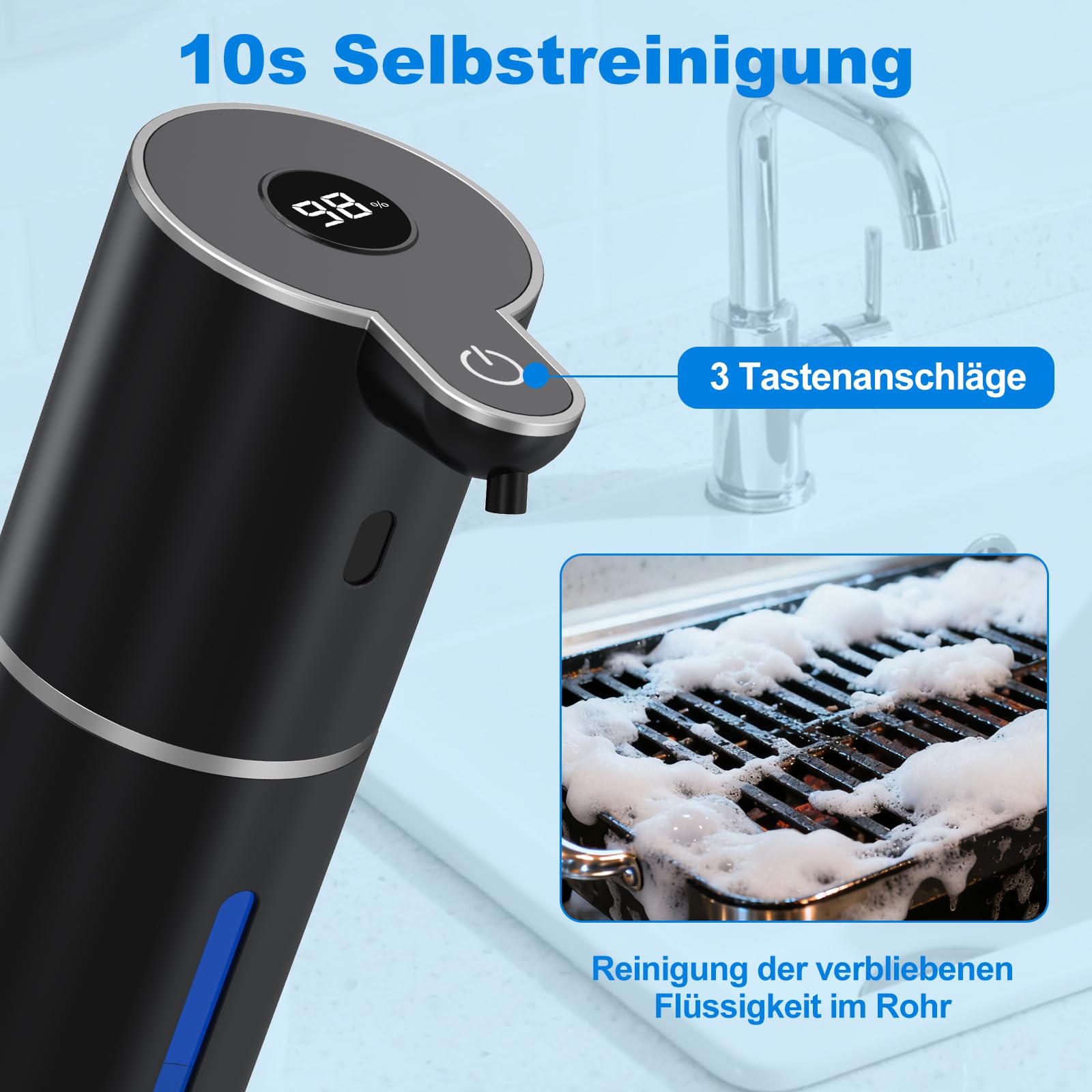 Fantictas Seifenspender Automatisch, Elektrischer Schaumseifenspender mit Display, USB-Wiederaufladbarer,6-Stufig Einstellbar, 380ml Wandmontage für Badezimmer/Küche/Geschirrspülmittel, Schwarz