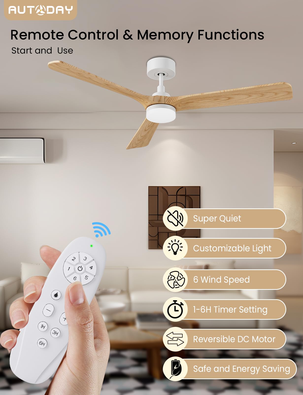 Legno Ventilatore da soffitto con luce 30W motore DC ultra silenzioso diametro 132cm con 3 pale reversibili Telecomando con funzione di memoria 6 velocità dimmerabile ventilatore soffitto