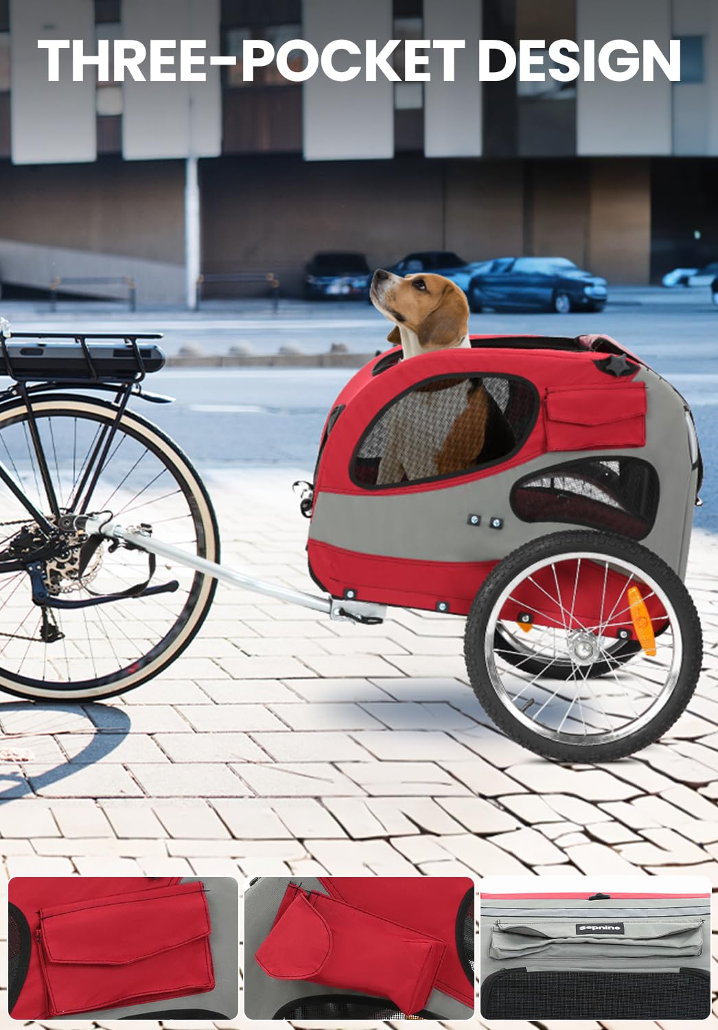 Sepnine Rimorchio per bicicletta per cani – Pieghevole con riflettori di sicurezza, borsa portaoggetti, imbottitura integrata e corde di sicurezza, portata massima