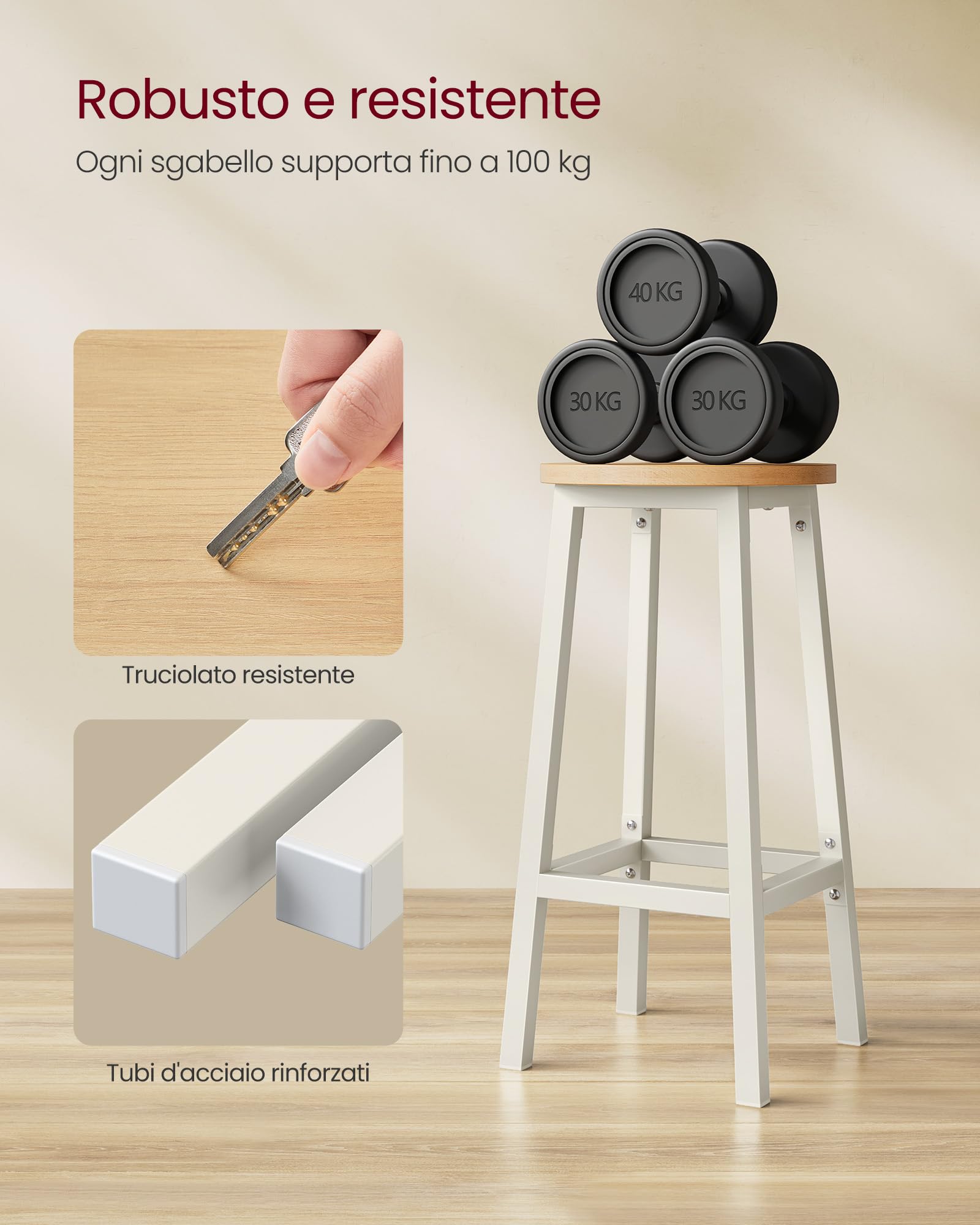 VASAGLE Set di 2 Sgabelli da Bar, Sedie da Cucina, Struttura in Metallo, Montaggio Facile, Alto 65 cm, con Poggiapiedi, per Cucina, Soggiorno, Sala da Pranzo, Beige Rovere e Bianco LBC032W09