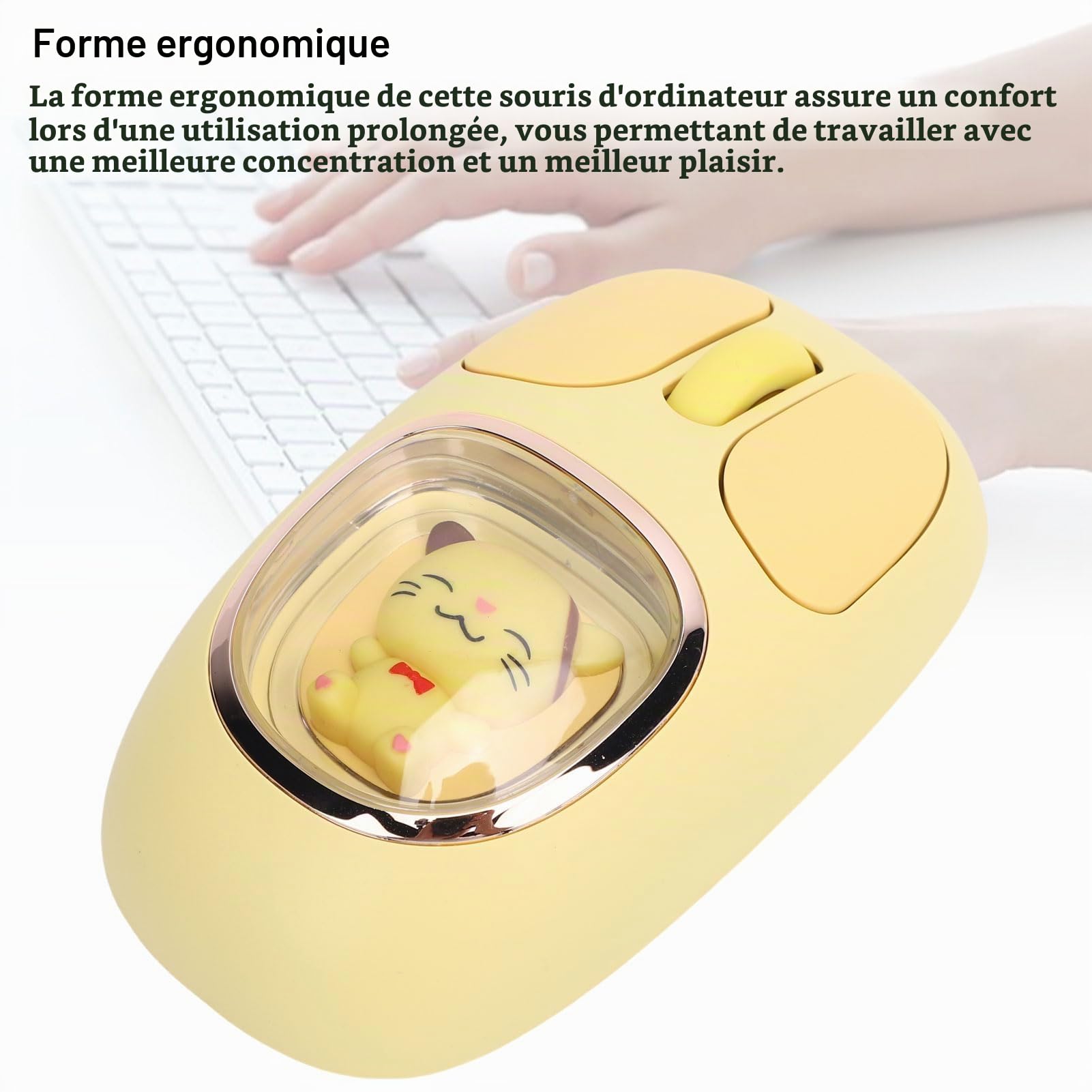 Souris sans Fil, 2,4g BT3.0 BT5.0 Souris D'ordinateur Portable Rechargeable avec Design Silencieux, Forme Ergonomique, Rétro-éclairage RGB, Conception de Poupée Mignonne (Yellow)
