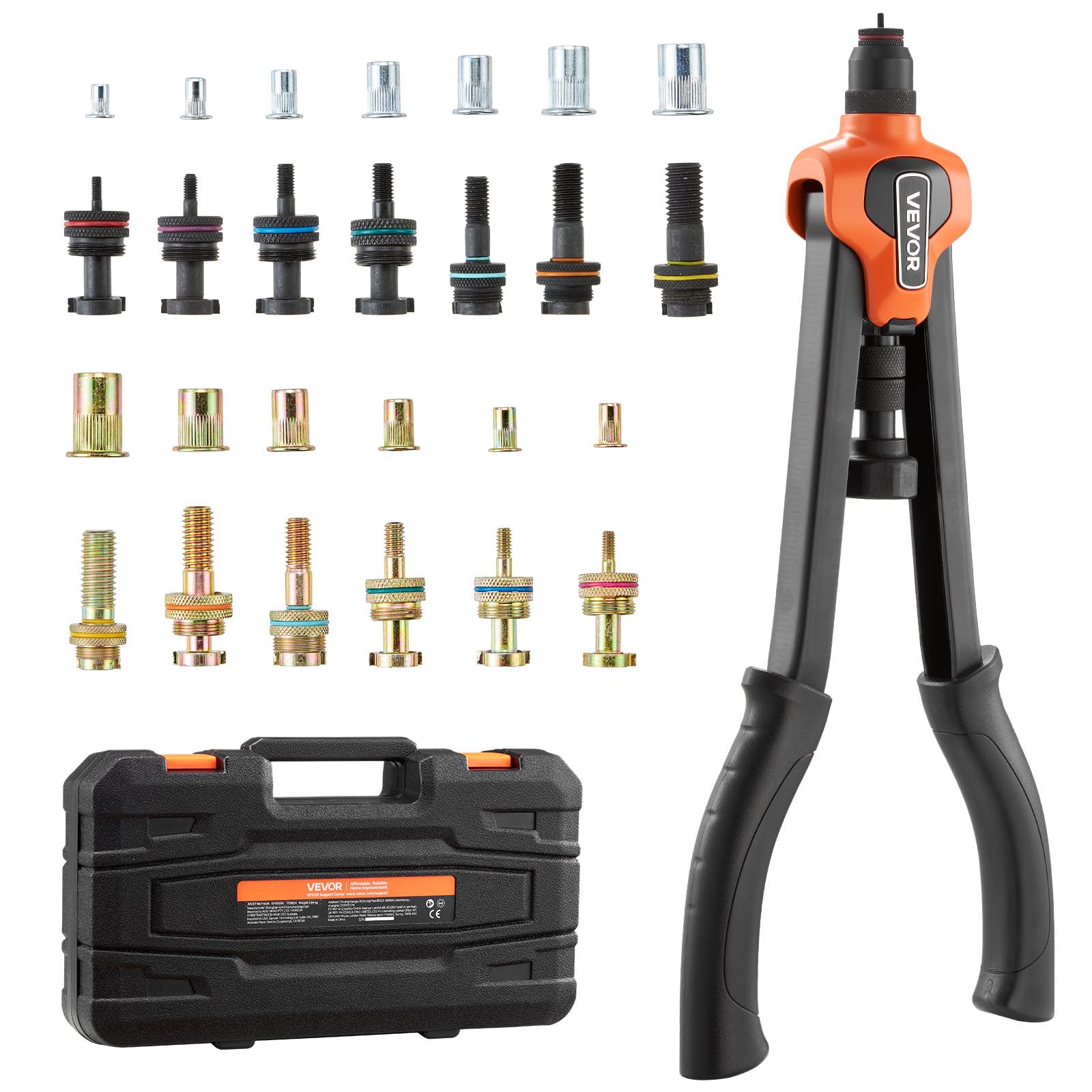 VEVOR Kit Rivettatrice per Inserti Filettati a Due Mani da 430 mm, con 13 Mandrini e 130 Dadi, con Robusta Custodia per il Trasporto, per Montaggi Metallici, Mobili, Autoveicoli e Riparazioni DIY