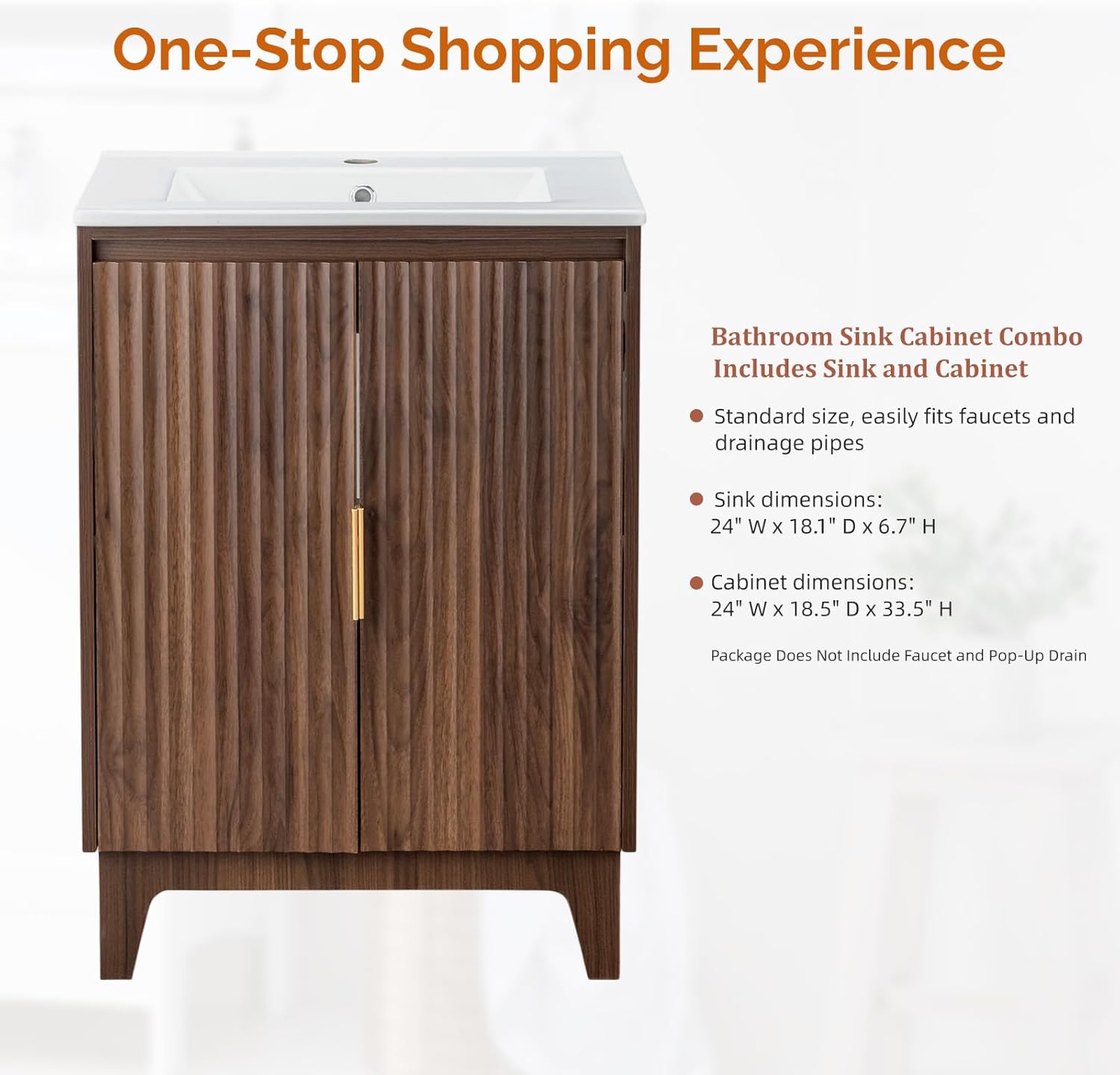 VINGLI 24 Inch Bathroom Vanity with Sink, Mid-Century Modern Vanity with Ceramic Basin and Fluted Soft-Close Doors, U-Shape Storage Shelf,Free Standing Small Bathroom Sink Cabinet Combo Set,Walnut