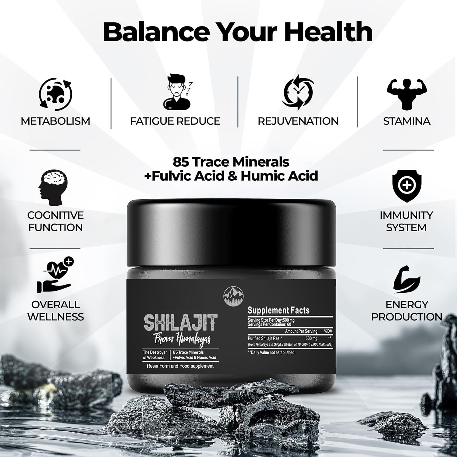 Pure Shilajit Himalayan Shilajit - 600 mg 100% naturale biologico Shilajit con 85+ tracce di minerali e acido fulvico per energia, forza e immunità, 30 grammi (1 x)