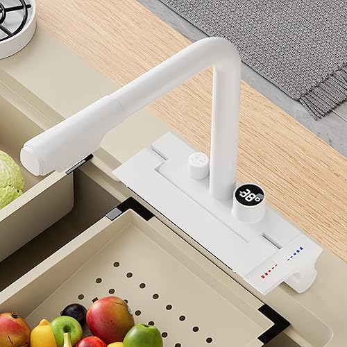 Miniatura 3 de Kitchen Faucet with Pull Down Sprayer Brass Waterfall Mode Single Hole Swivel Hot and Cold Water Kitchen Sink Tap-Grey(White)