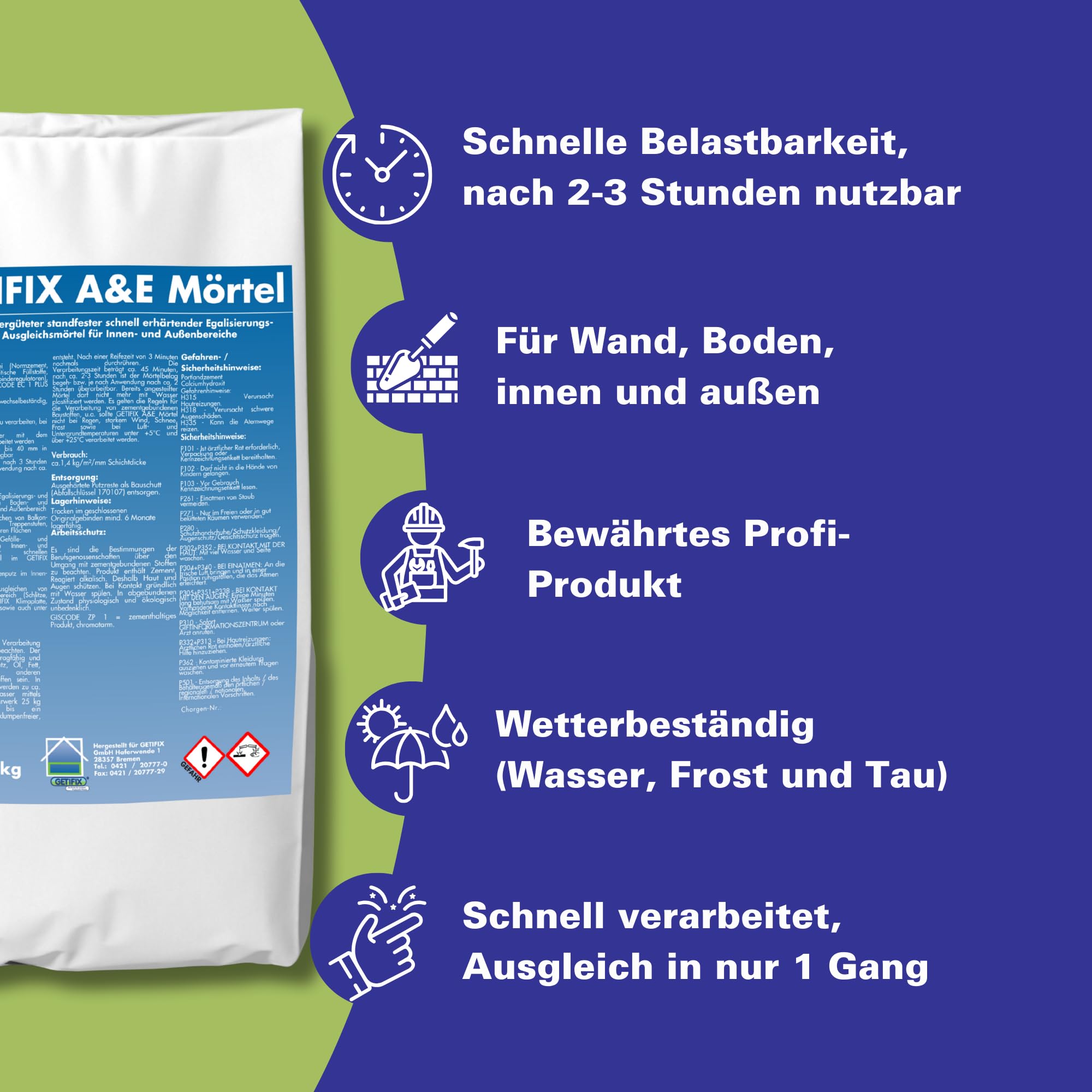 Ausgleichsmörtel - Egalisierung von Flächen - für Balkone, Wände innen und außen - auf zement-Basis, rissfrei, wasserfest, frostbeständig - 25 kg