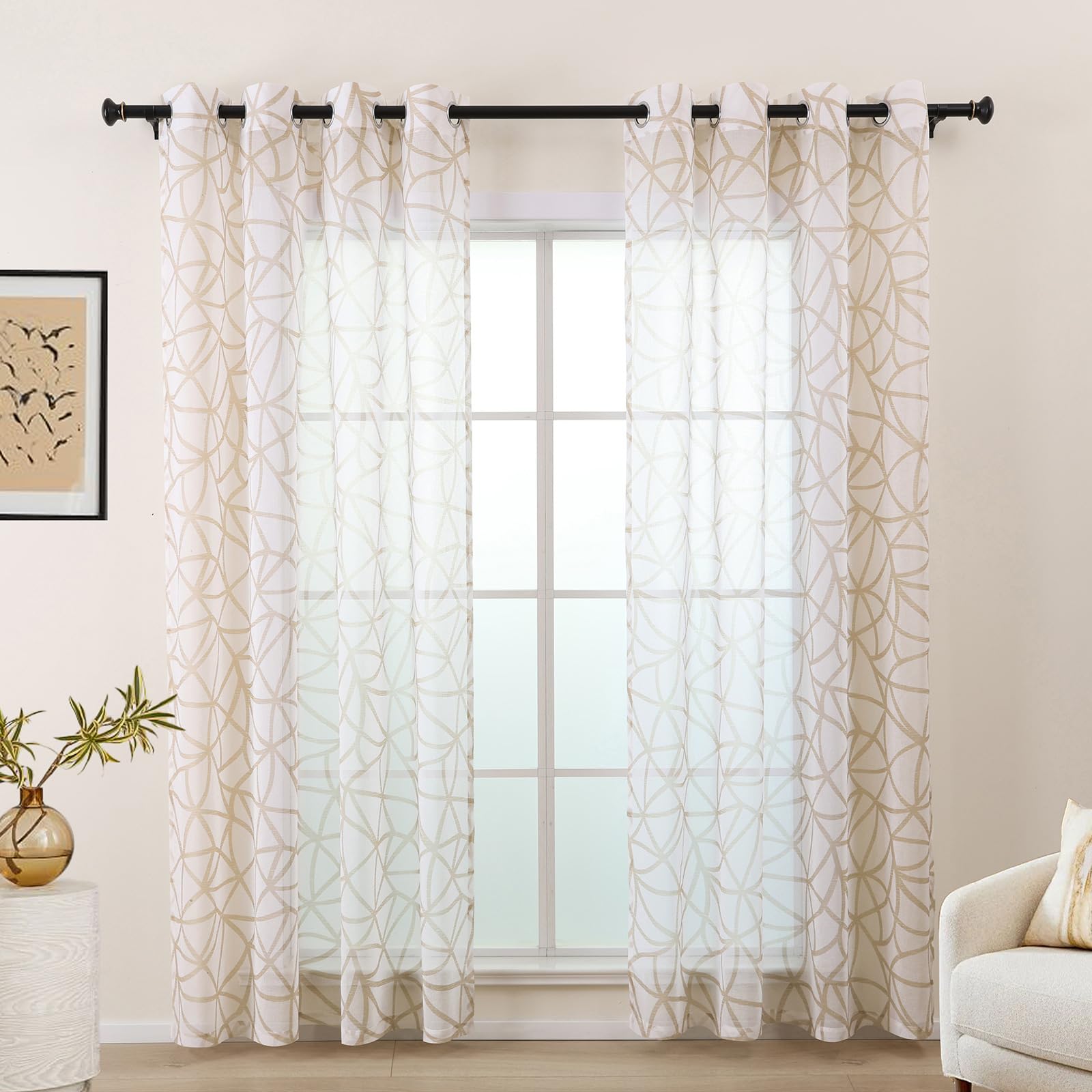 L.Z.E Gardinen Beige Weiß, Vorhänge für Wohnzimmer, Vorhang Beige Weiss für Schlafzimmer, 175 cm Lang, mit Ösen, Transparent, Geometrisches Design, 2er Set Gardinenschal Ösenschal (LZE2238E-BG175)
