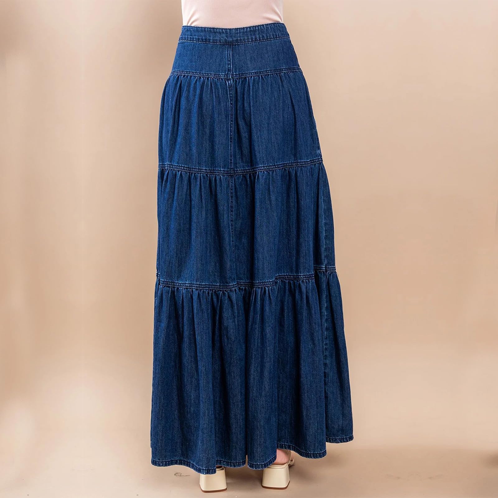 Jeansrock Damen Lang Maxirock High Waist Denim Rock A-Linie mit Taschen Elegant Stufenrock Knopfleiste Boho Lange Röcke für Frauen Sommer Freizeitrock Vintage Style Stretch Baumwolle