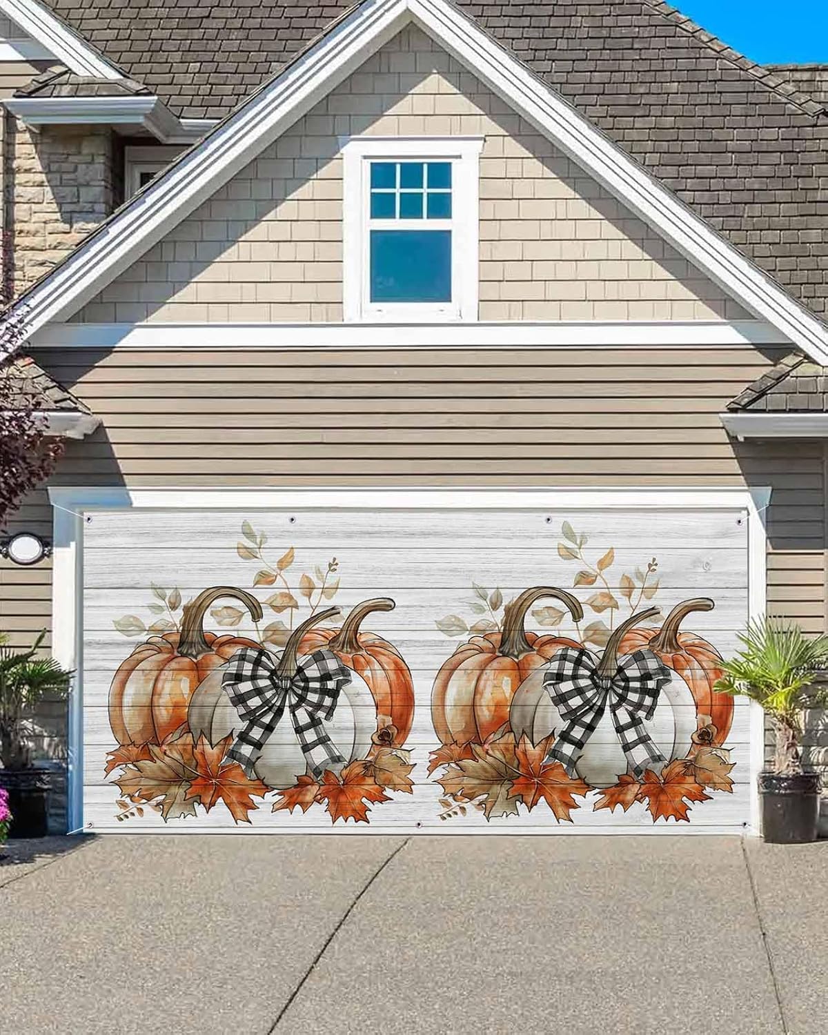 Fall Pumpkin Maple Leaf Garage Door Decorations, Large Hanging Garage Door Cover Banner with Grommets, Wood Vintage Backdrop Door Mural for Indoor Outdoor Party Wall Window Yard, 7x8ft