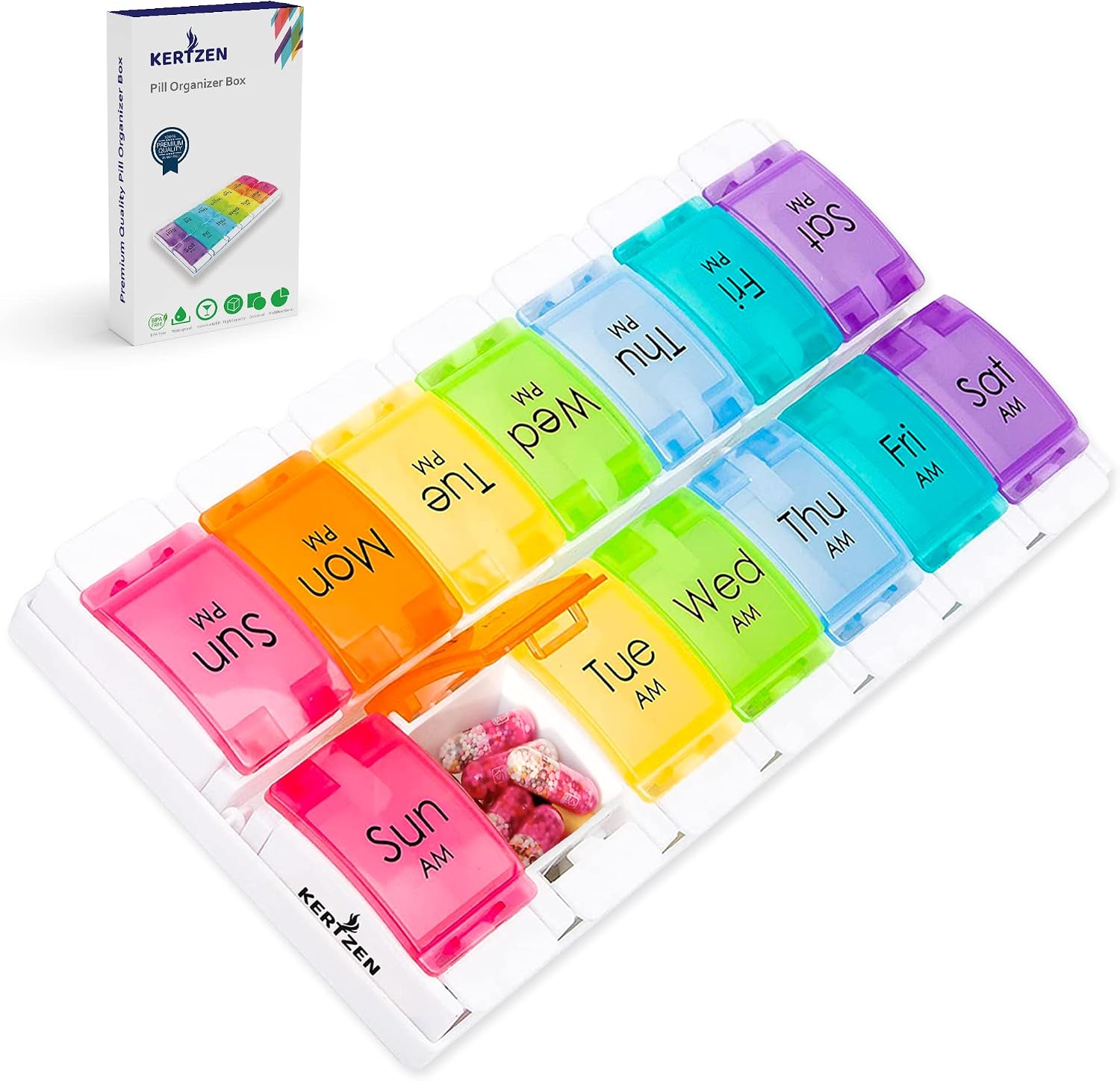 Kertzen Weekly Pill Organizer 2 Times a Day, BPA Free 7 Day Pill Box Case Medicine Organizer Easy Push Button Design, Tablet Box with Large Compartments to Hold Vitamins, Supplements and Medication