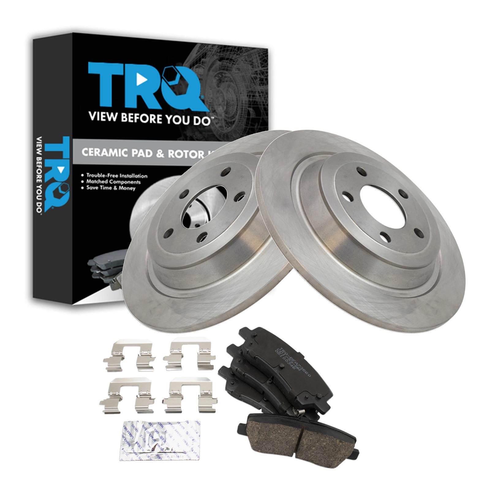 TRQ Rear Brake Pad and Rotor Set Ceramic Solid Rotors Compatible with 2015-2022 Ford Mustang