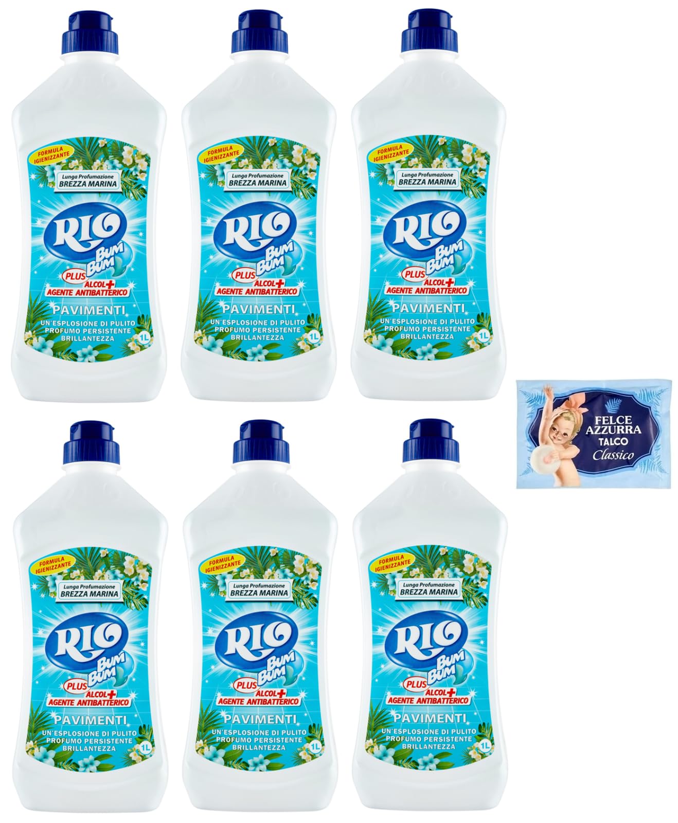 6er-Pack RIO Bum Bum Pavimenti, Bodenreiniger mit Alkohol, Meeresbrise Duft,1Lt + 1er-Pack Kostenlos Felce Azzurra Talkumpuder, 100g-Beutel