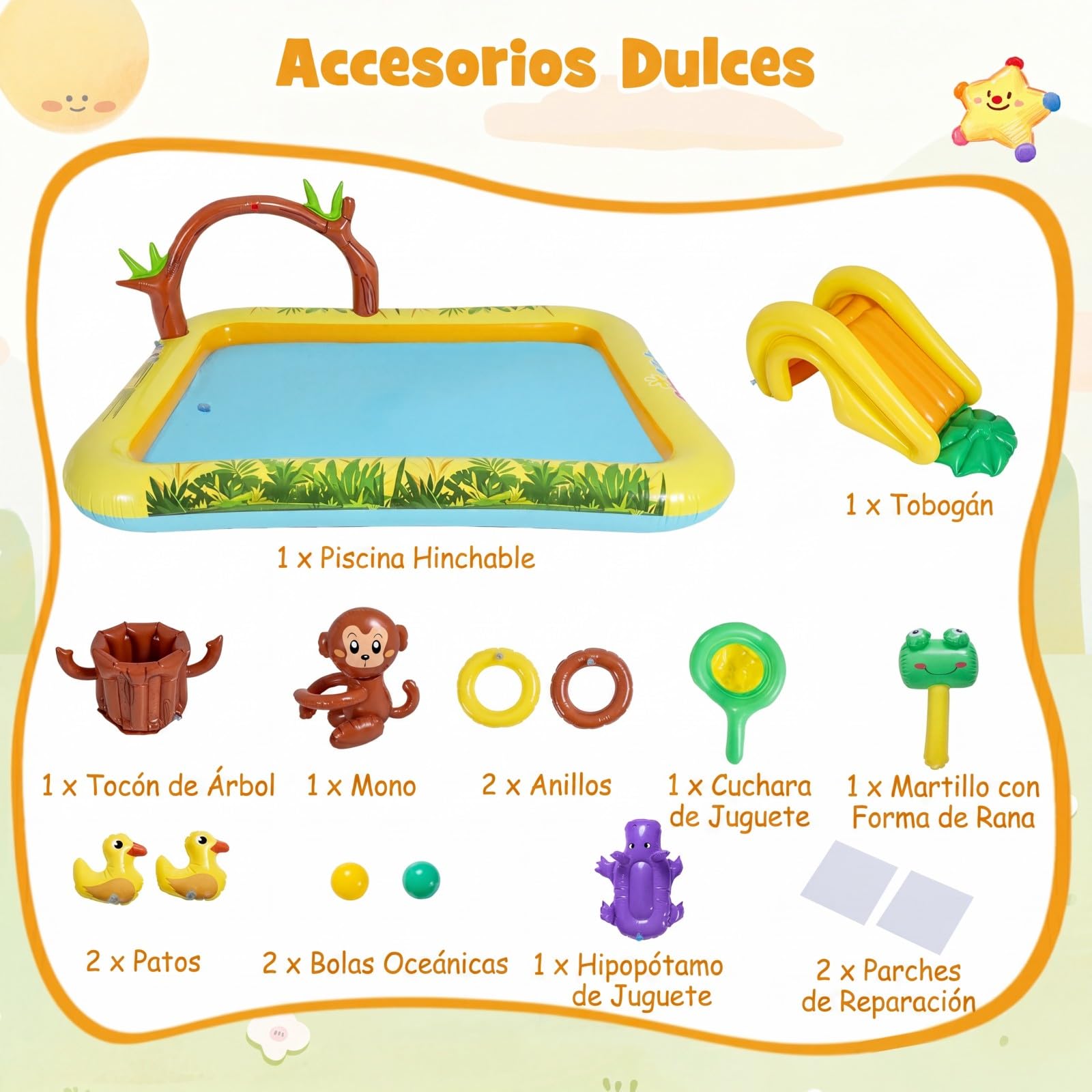 COSTWAY Piscina Hinchable Infantil, Piscina para Niños Hinchable con Tobogán y Chorro en Forma de Animal, Rociador en Forma de Arco, Juegos de Agua para Niños Exterior, 207 x 168 x 77 cm