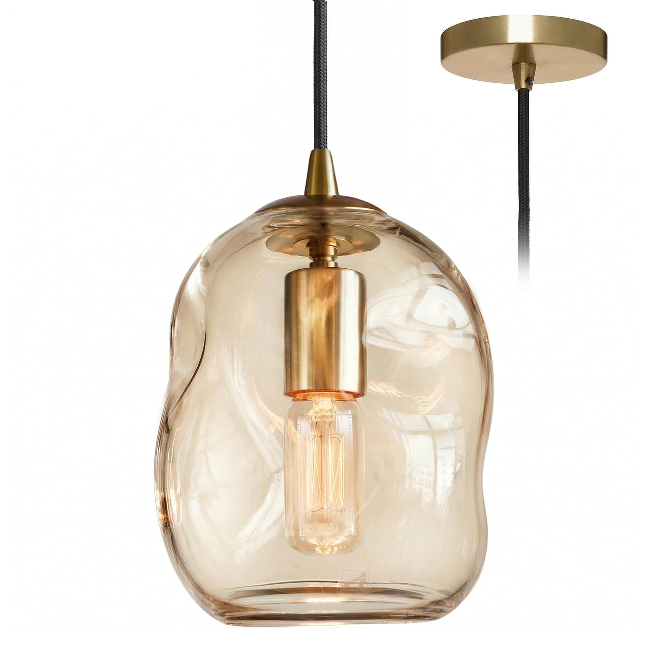 LFsem Vintage Pendant Lights - Industrial Brass E27 Loft Bar Ceiling Hanging Lamp with ø16cm Artificial Glass Lampshade for Kitchen Island, Dining Room & Bedroom (Amber)