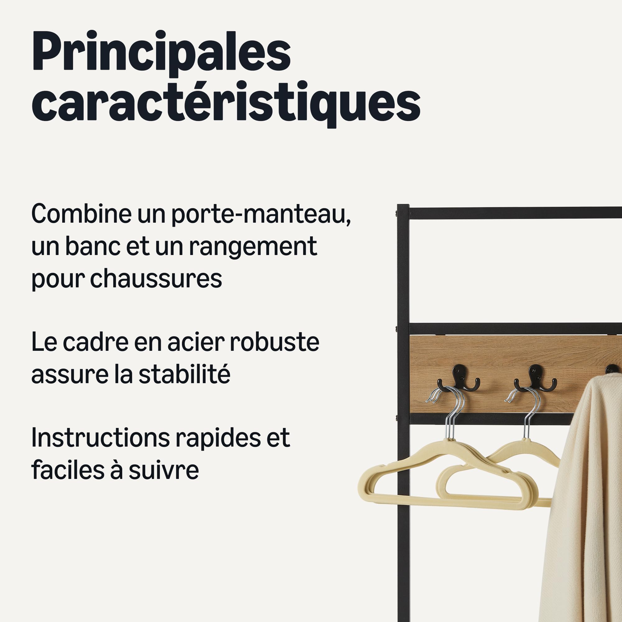 Amazon Basics Banc d’Entrée avec Crochets, Porte-Manteau, Portant à Vêtements, Vestiaire d’Entrée avec Rangement à Chaussures, 34cm x 72cm x 182cm, Chêne