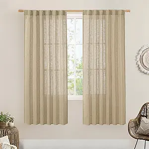 LAMIT Brown Linen Boho Curtains 68 inch Length 2 Panels, Light Filtering Semi Sheer Panels Back Tab and Rod Pocket Neutral Drapes for Bedroom/Living Room, 52 x 68 Inch