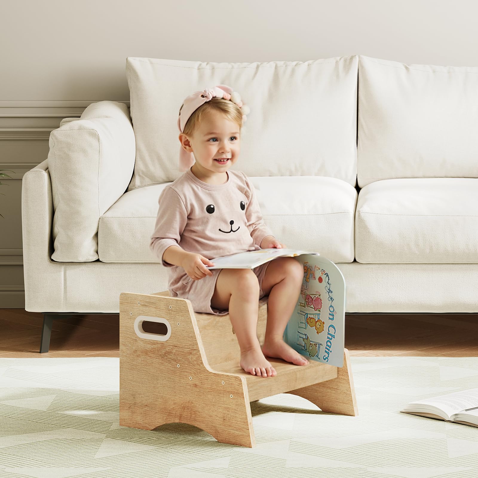 HOOBRO Marche Pied à 2 Niveaux pour Enfants, Tabouret pour Enfants avec poignées découpées et Pattes antidérapantes, Escabeau de Toilettes, pour Salle de Bain, Couleur Bois ENL05JD01