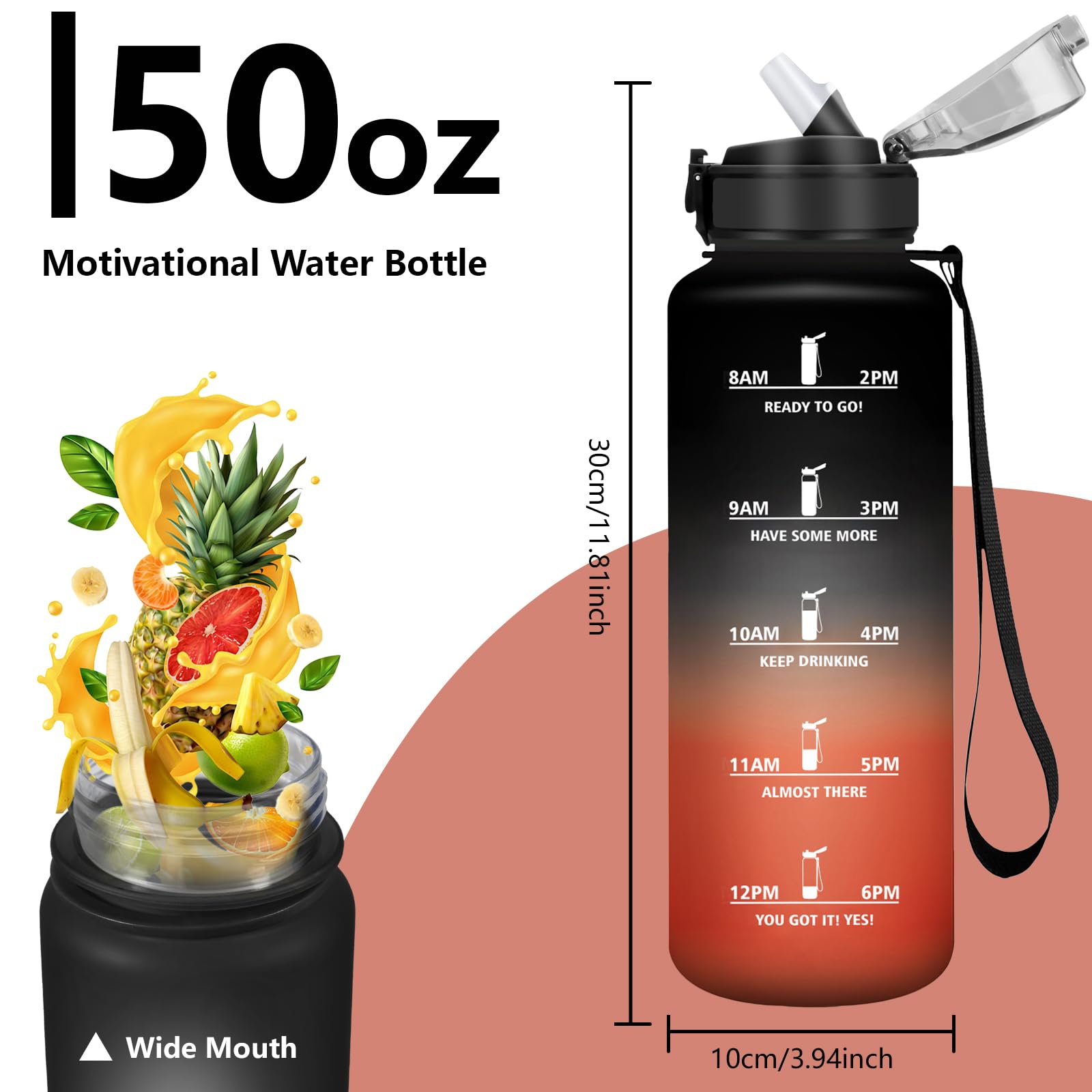 Grsta Borraccia 1,5 litri, Borracce con Cannuccia, Senza Perdite, Borraccia Palestra con Indicatore del Tempo, Bottiglia Motivazionale per Fitness, Ufficio Corsa