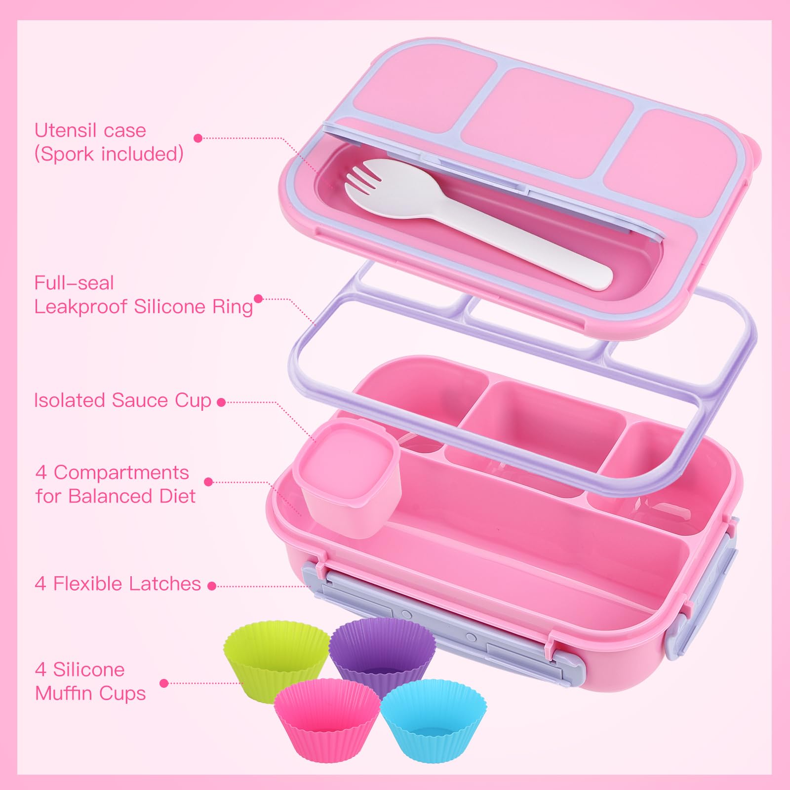 MaMix Bento Box for Kids Lunch Box Kids, Lunch Containers for Adults,4 Compartment Leak-Proof with Sauce Snack Pot Cutlery (Purple) - Image 3